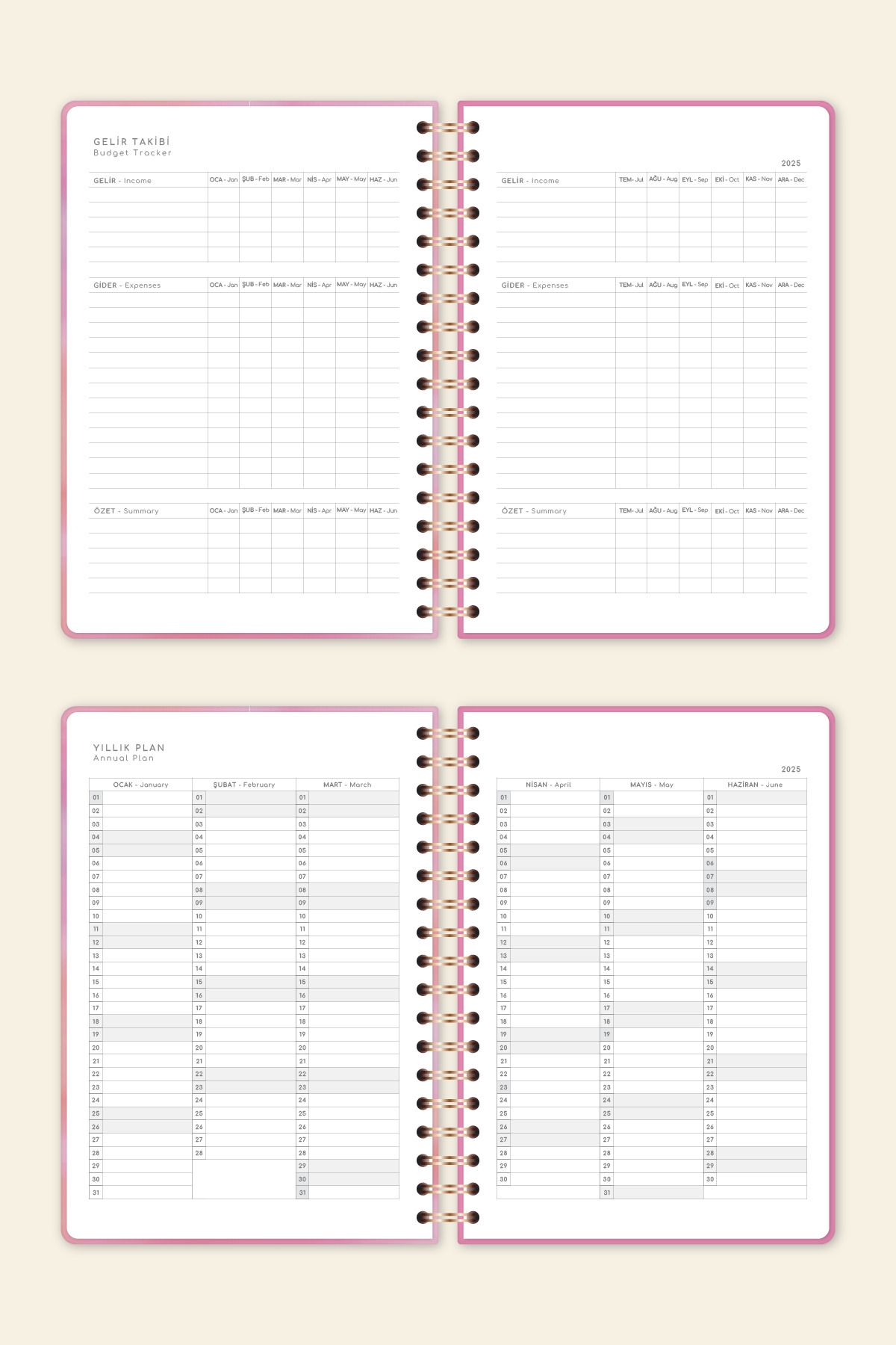 2025 Spiralli Günlük Ajanda 12 Aylık – 17x24 cm Pembe Soyut