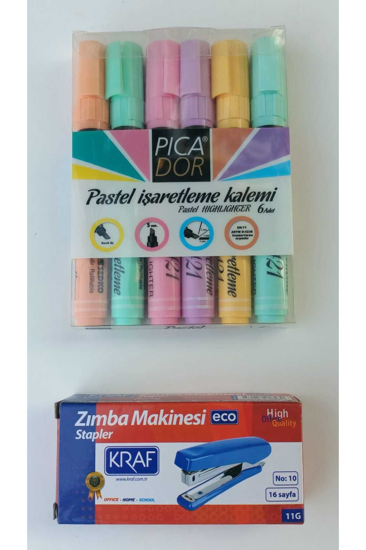 Picador421 Fosforlu Kalem 6Pastel + Zımba Set...