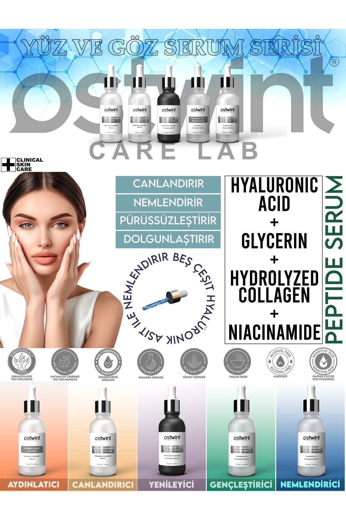 Hyaluronic Asit & Peptide Nemlendirici, Dolgunlaştırıcı, Canlandırıcı, Kırışıklık Karşıtı Yüz Serumu