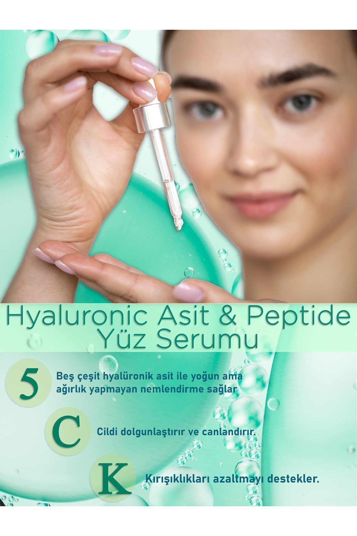 Hyaluronic Asit & Peptide Nemlendirici, Dolgunlaştırıcı, Canlandırıcı, Kırışıklık Karşıtı Yüz Serumu