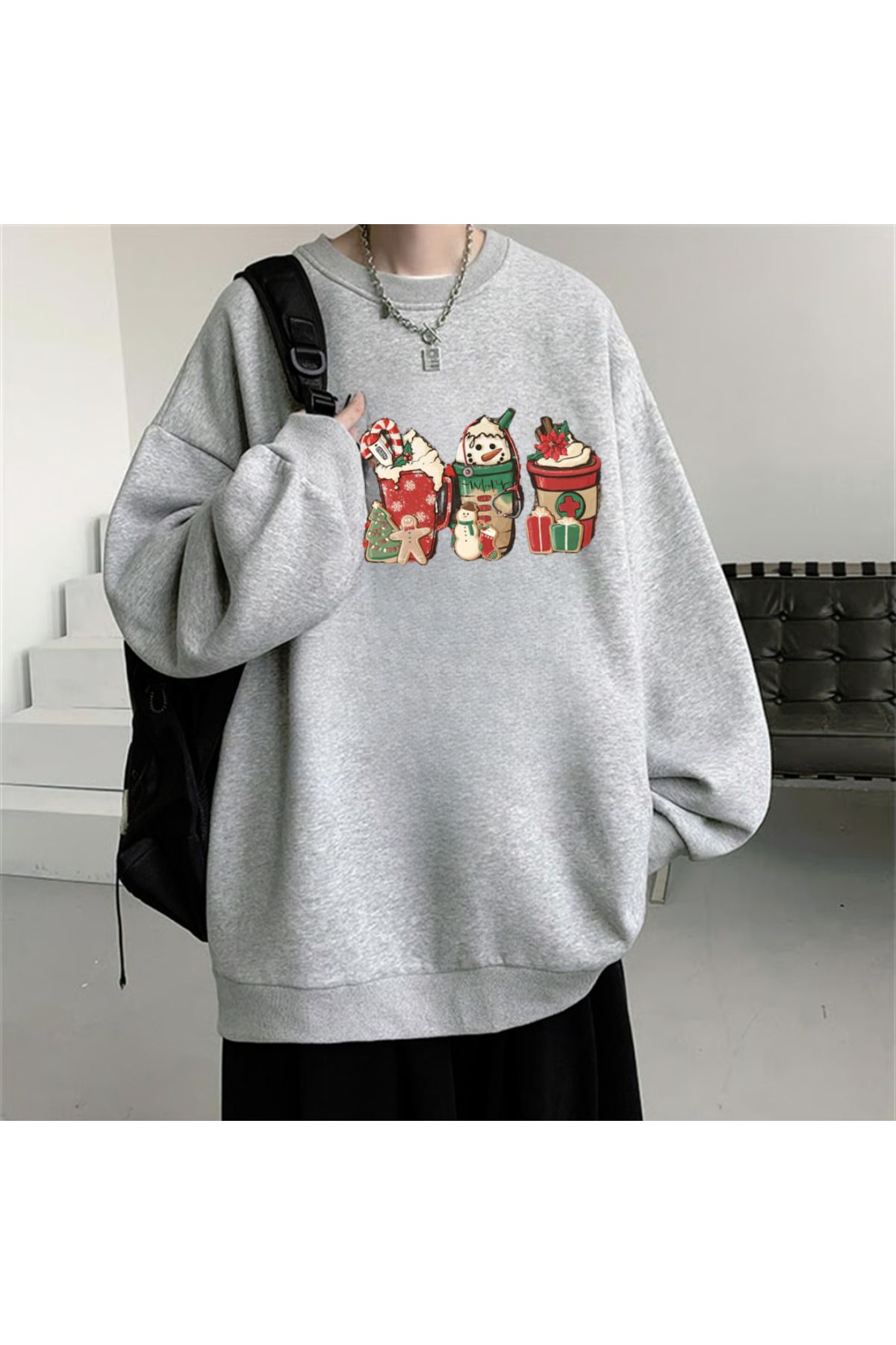 Loots  Happy Christmas Baskılı Siyah Unisex Oversize Bisiklet Yaka Sweatshirt