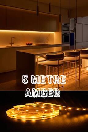 Mutfak Dolabı Tezgah Üstü Için 5 Metre Amber Şerit Led Işık Adaptörlü Anahtarlı Tak Çalıştır Image 0