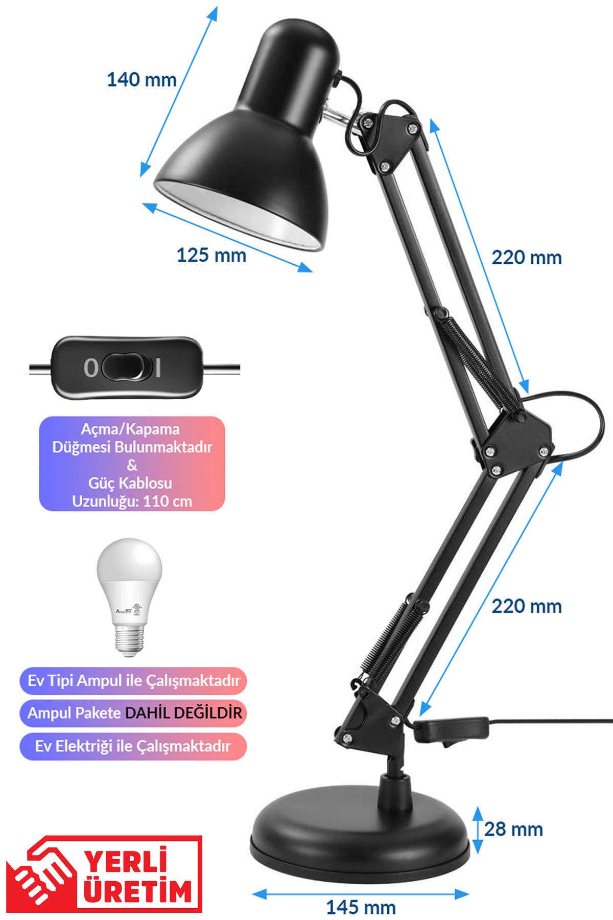 Masa Lambası Akrobat Yaylı Metal 360° Açılı Ayarlanabilir Hareketli Çalışma Masası Lambası Siyah