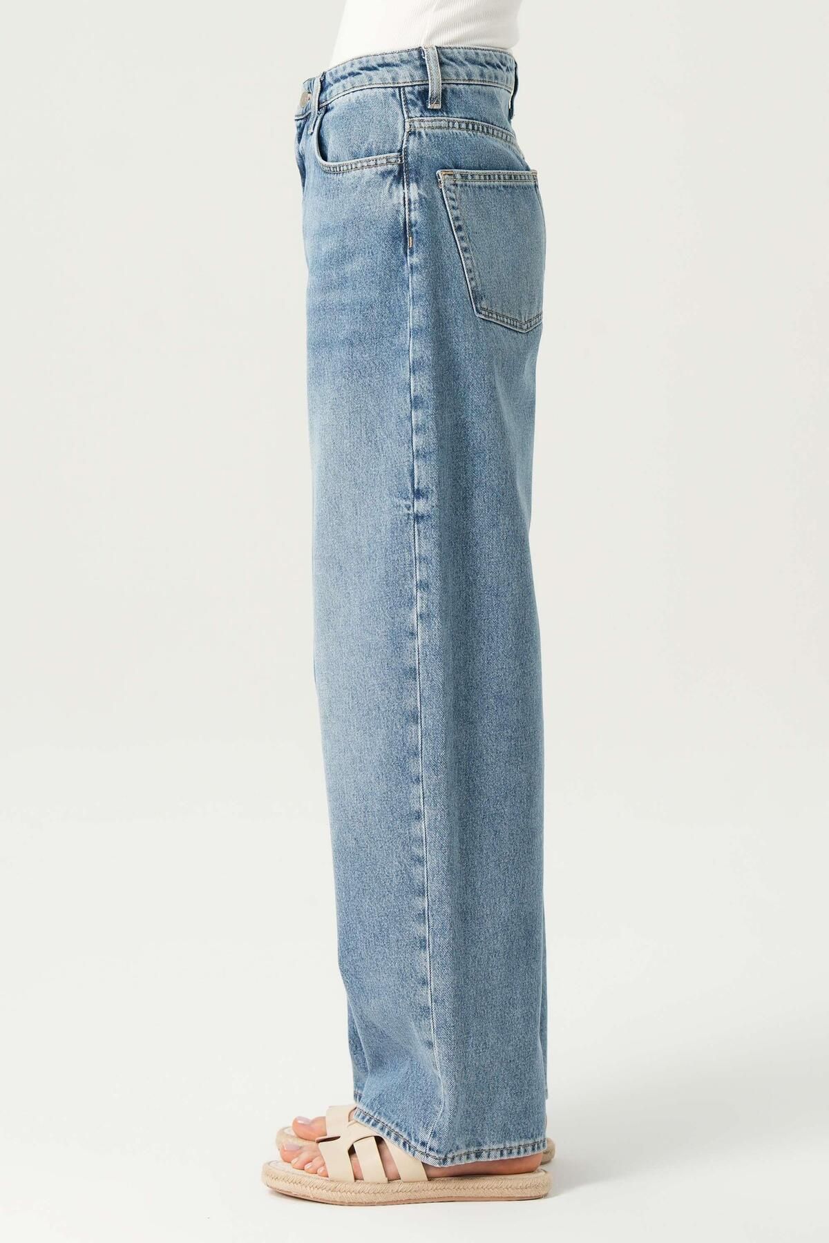 Orta Mavi Yüksek Bel Patı Fermuarlı Loose Jean Pantolon C 4934-017