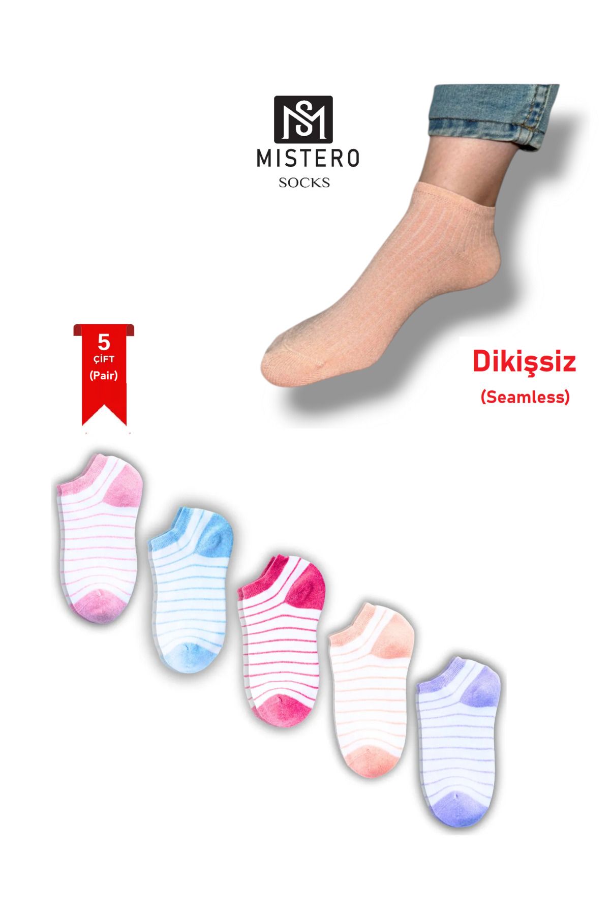 MISTERO SOCKS5 Çift DikişsizPamuklu Patik Çor...