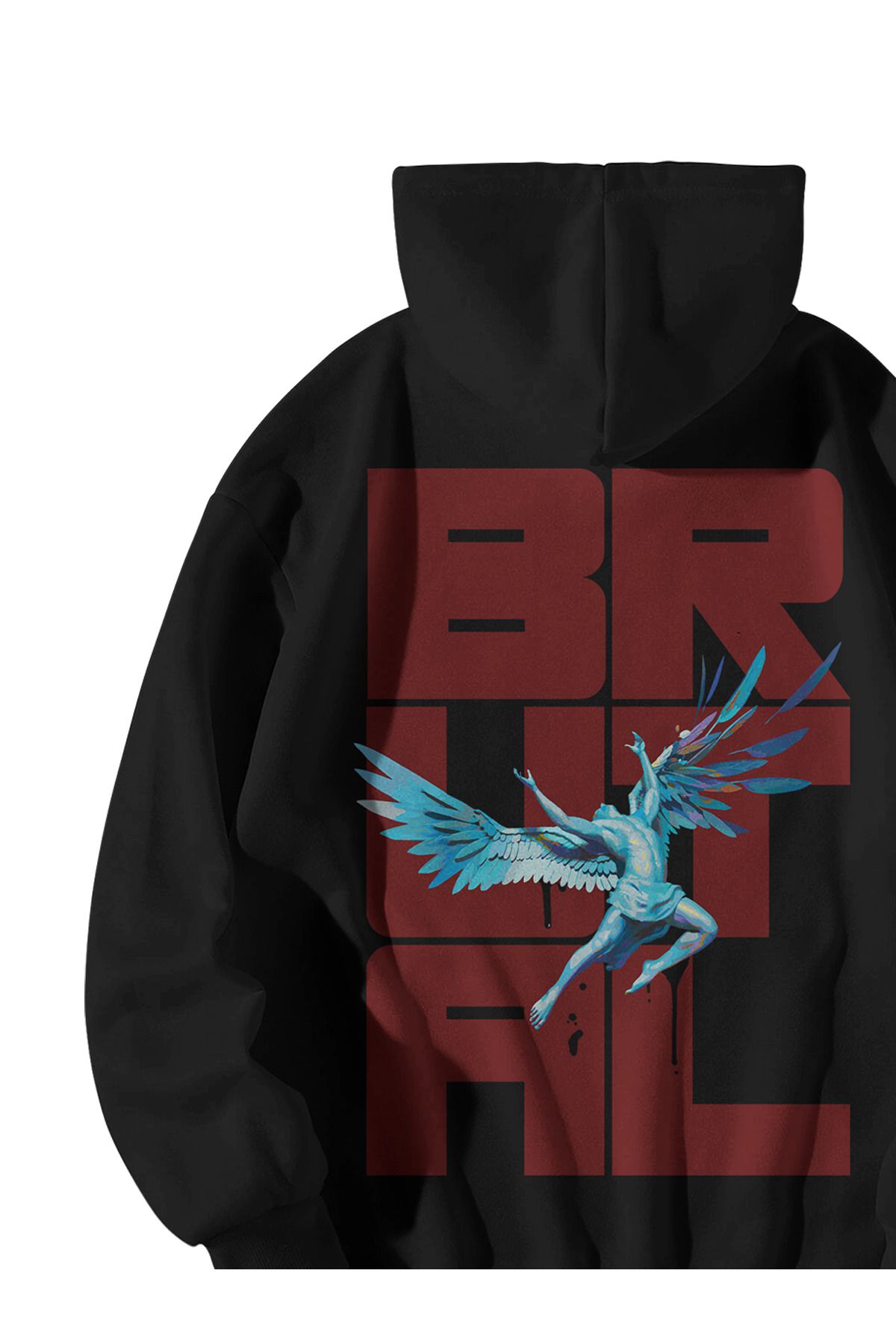 Kadın Erkek Siyah Brutal Falling Angel Baskılı Oversize Kapşonlu Kanguru Cepli Sweatshirt Hoodie