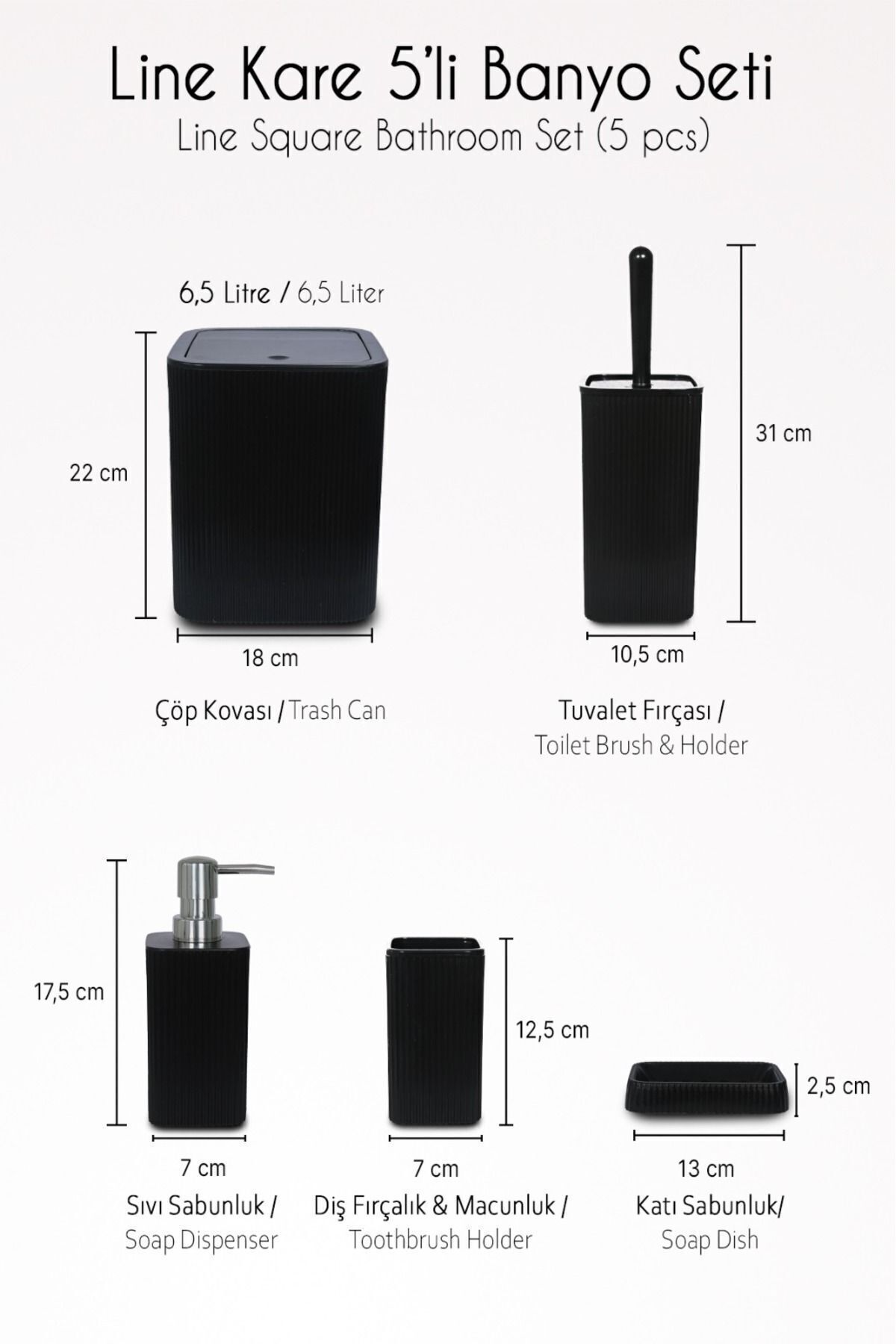 Line 5 Parça Kare Banyo Seti - Çöp Kovası WC Fırçası Sıvı-Katı Sabunluk Diş Fırçası