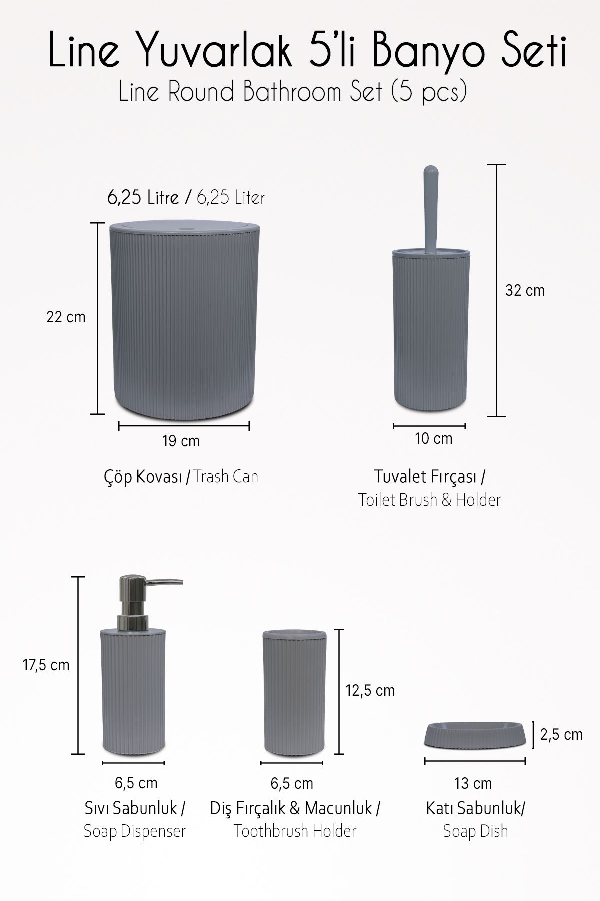 Line 5 Parça Yuvarlak Banyo Seti - Çöp Kovası WC Fırçası Sıvı-Katı Sabunluk Diş Fırçası