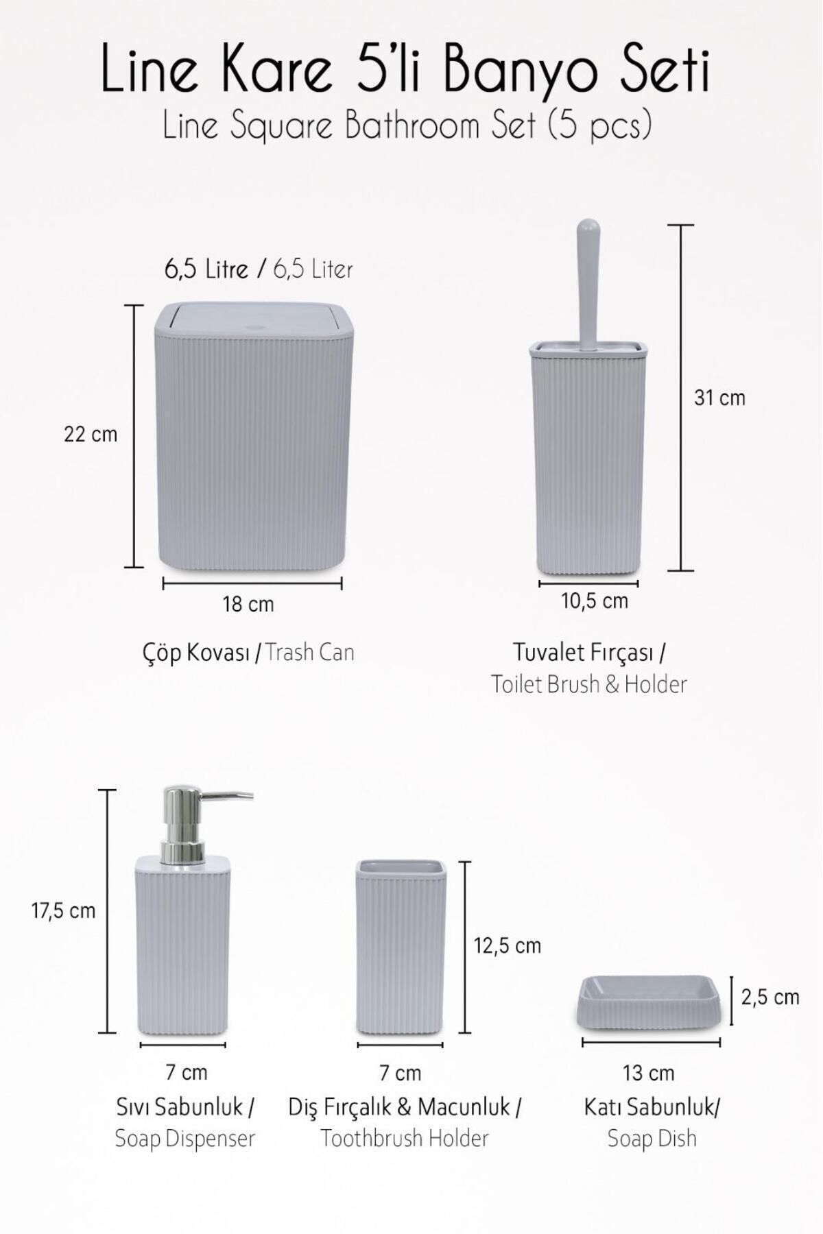 Line 5 Parça Kare Banyo Seti - Çöp Kovası WC Fırçası Sıvı-Katı Sabunluk Diş Fırçası