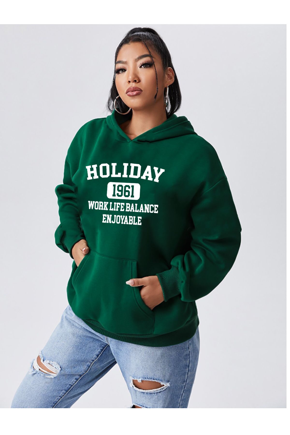 Unisex HOLIDAY 1961 Baskılı Yeşil Sweatshirt