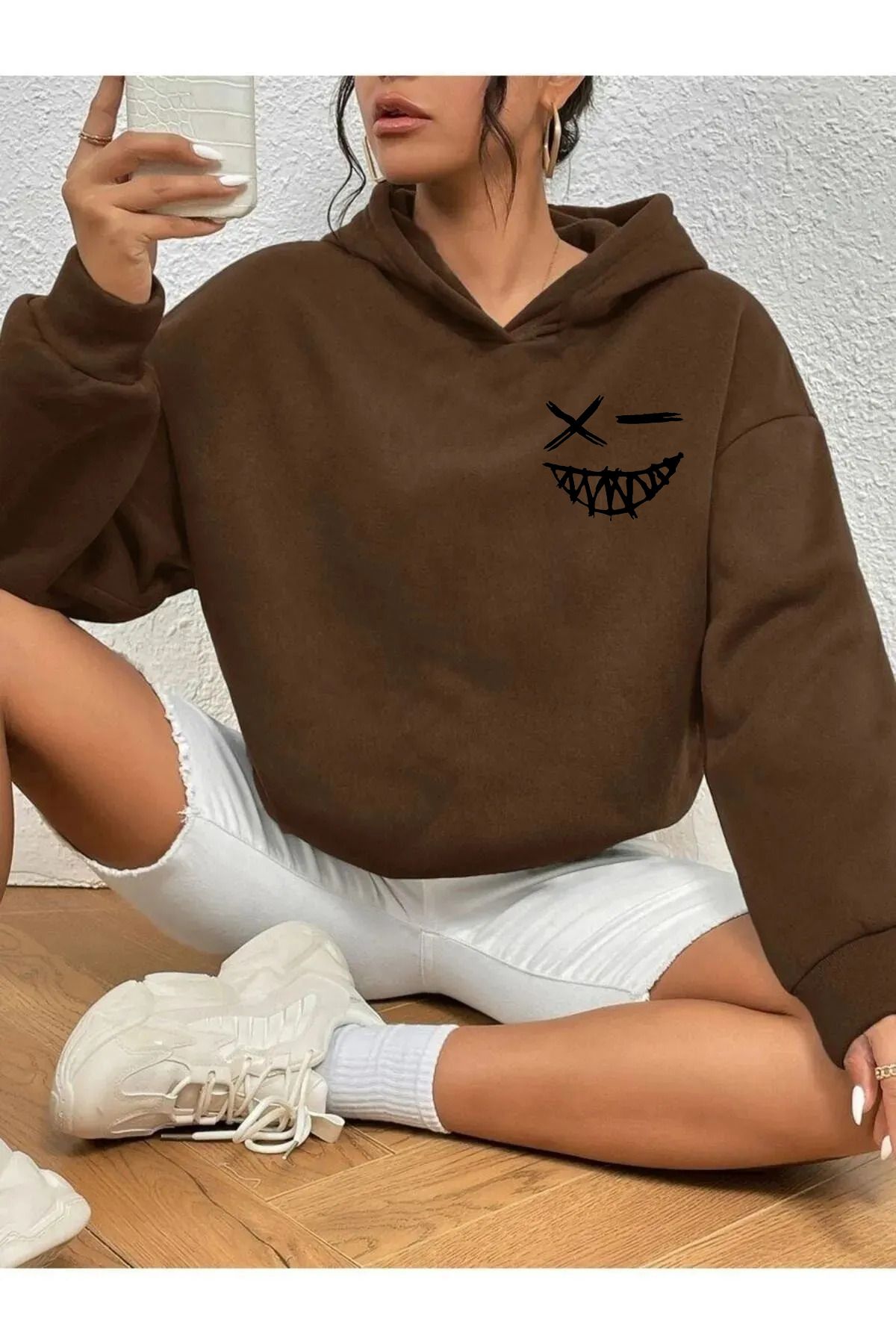 memowear Unisex Smile BaskılıKahverengi Sweat...