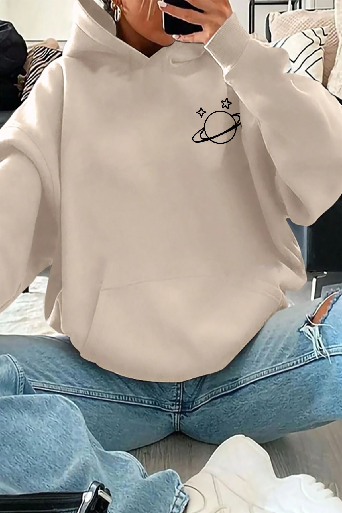 memowear Unisex SatürnBaskılı Bej Sweatshirt