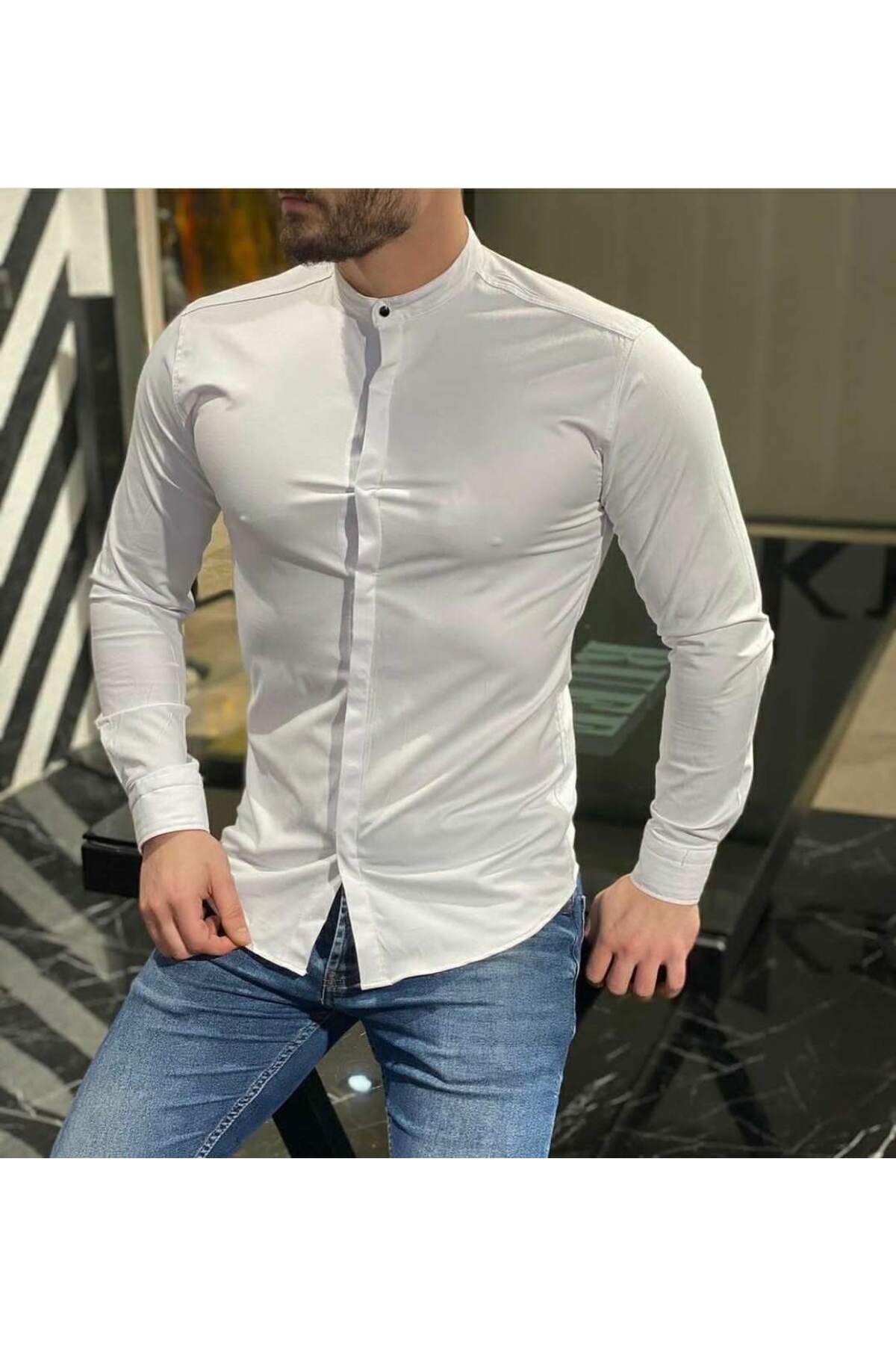 MODAFE Slim Fit Likralı SatenGömlek Hakim Yak...