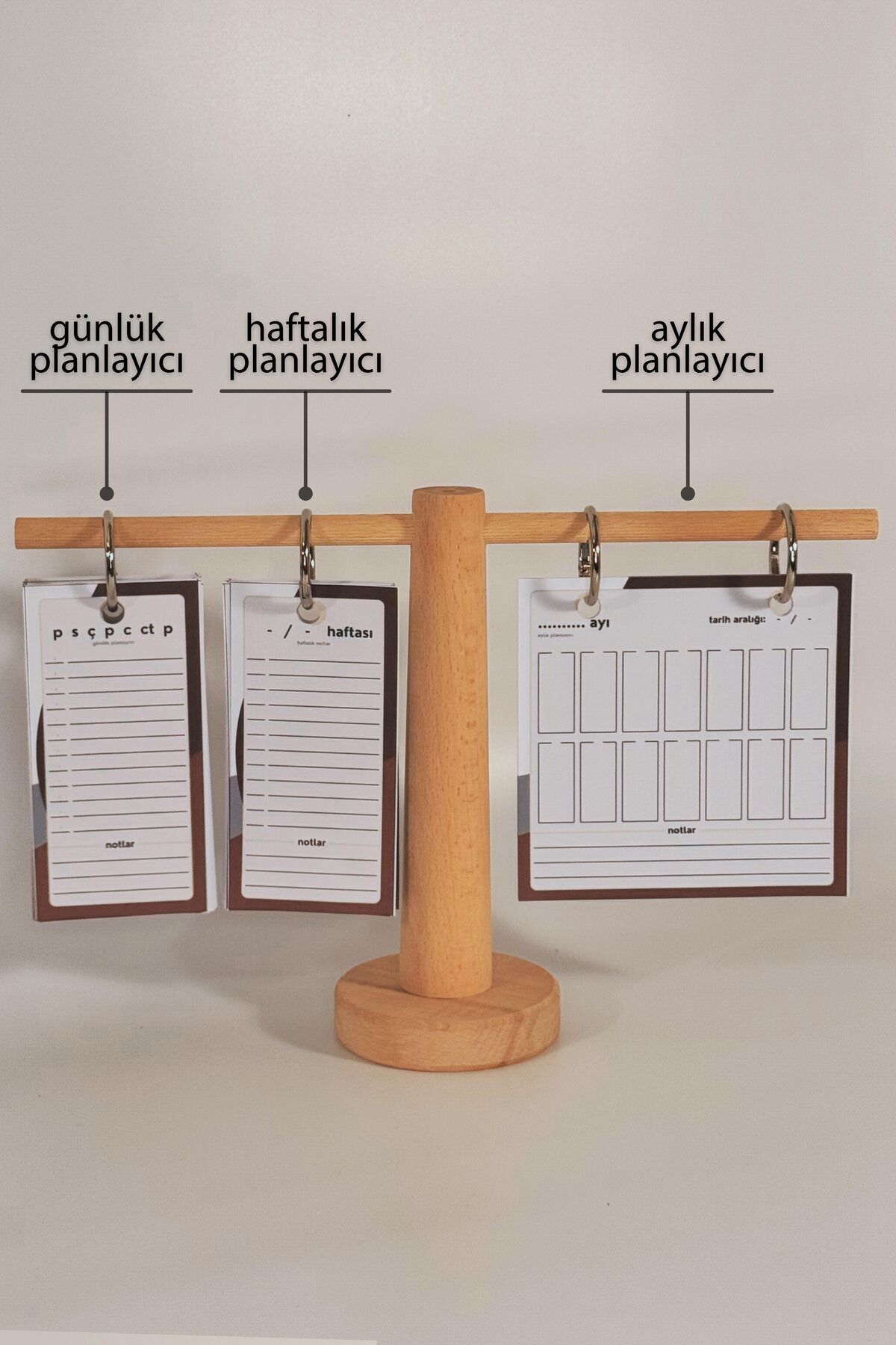 Doğal Ahşap Standlı Üçlü Planlayıcı Seti (Günlük - Haftalık - Aylık)