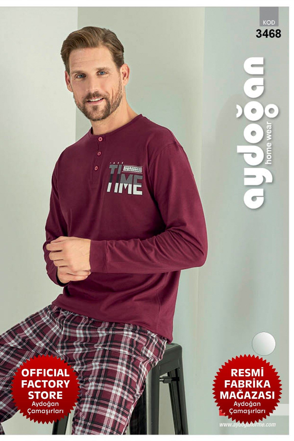 Erkek Bordo Uzun Kollu Kışlık %100 Pamuk Pijama Takımı Süprem Patlı C2-4 - 3468 - Aydogan ®