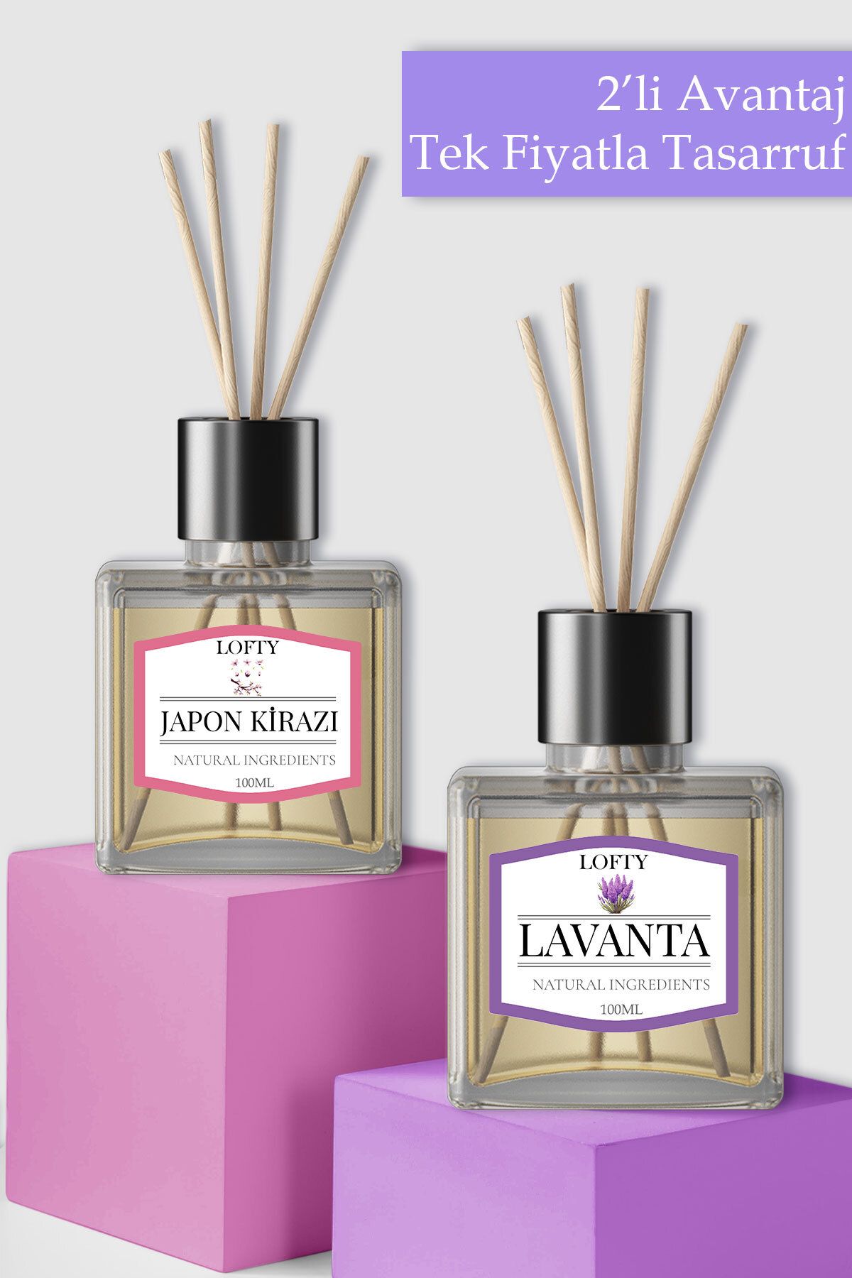 Japon kirazı ve Lavanta Bambu Çubuklu Oda Kokusu Banyo Tuvalet Yatak Odası Mutfak 2li set 100ml