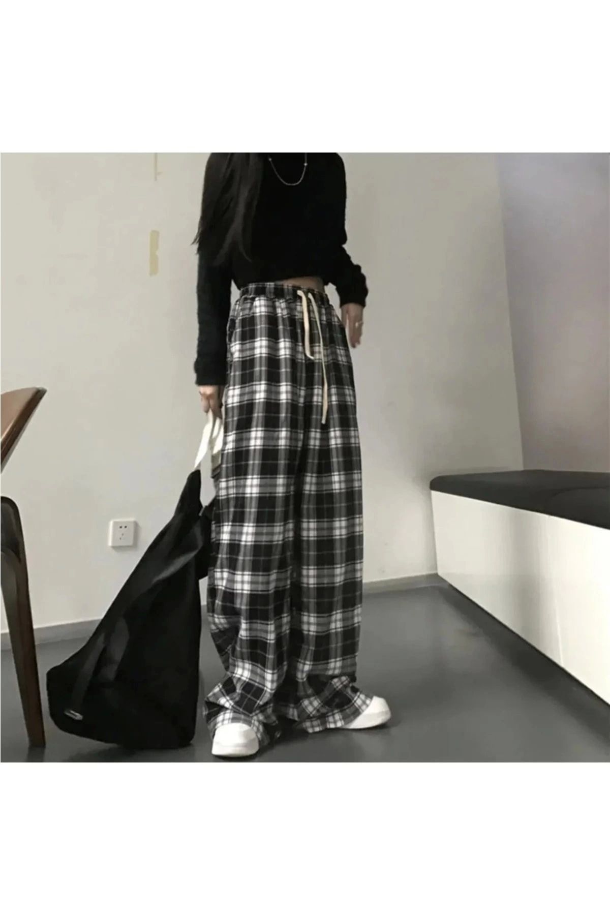 Harajuku Kare Ekose Desenli Siyah Unisex Rahat Kesim Pijama Eşofman Altı