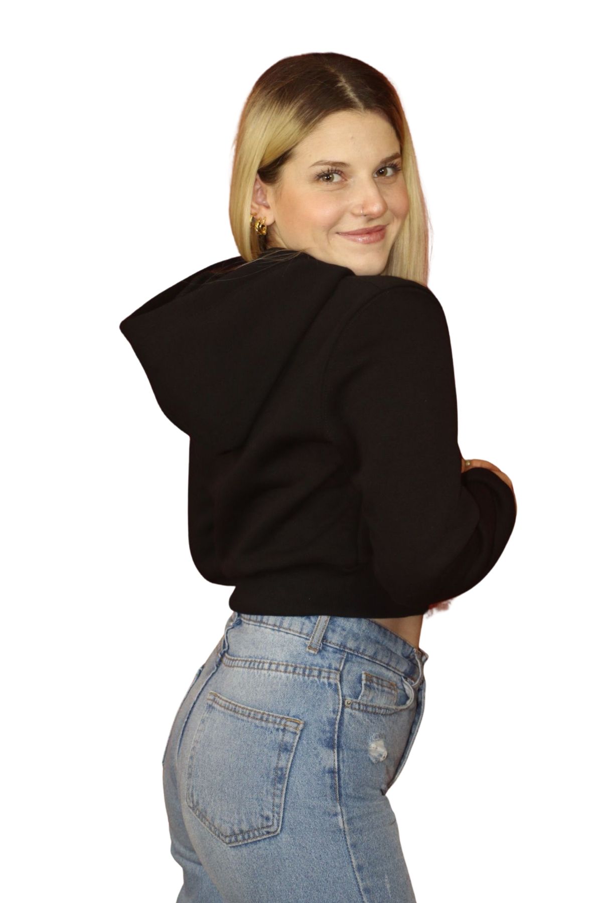 Kadın Michigan Nakış Detaylı Ekru Crop Kapüşonlu Kalın İçi Polarlı Oversize Sweatshirt