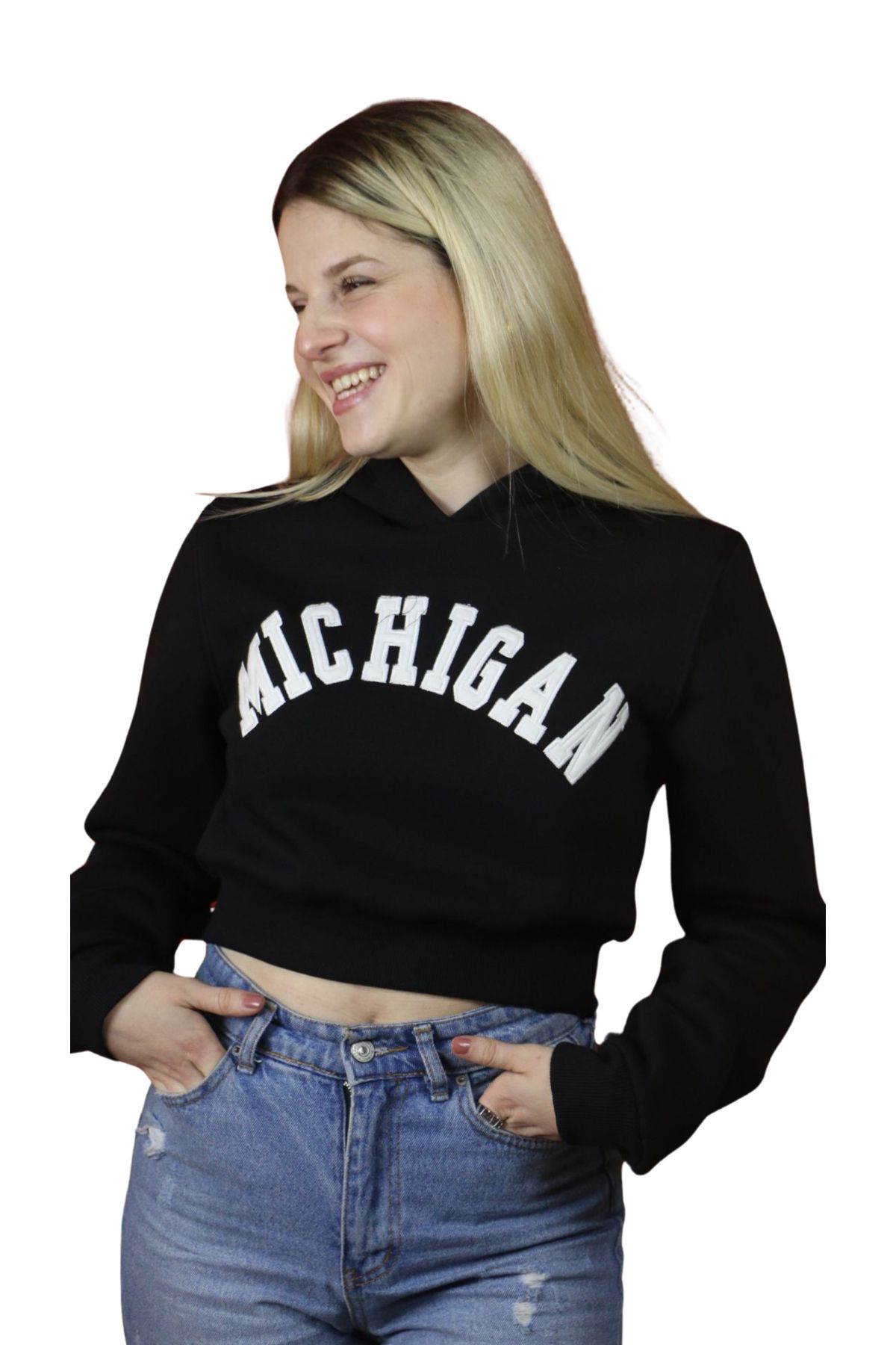 Kadın Michigan Nakış Detaylı Ekru Crop Kapüşonlu Kalın İçi Polarlı Oversize Sweatshirt