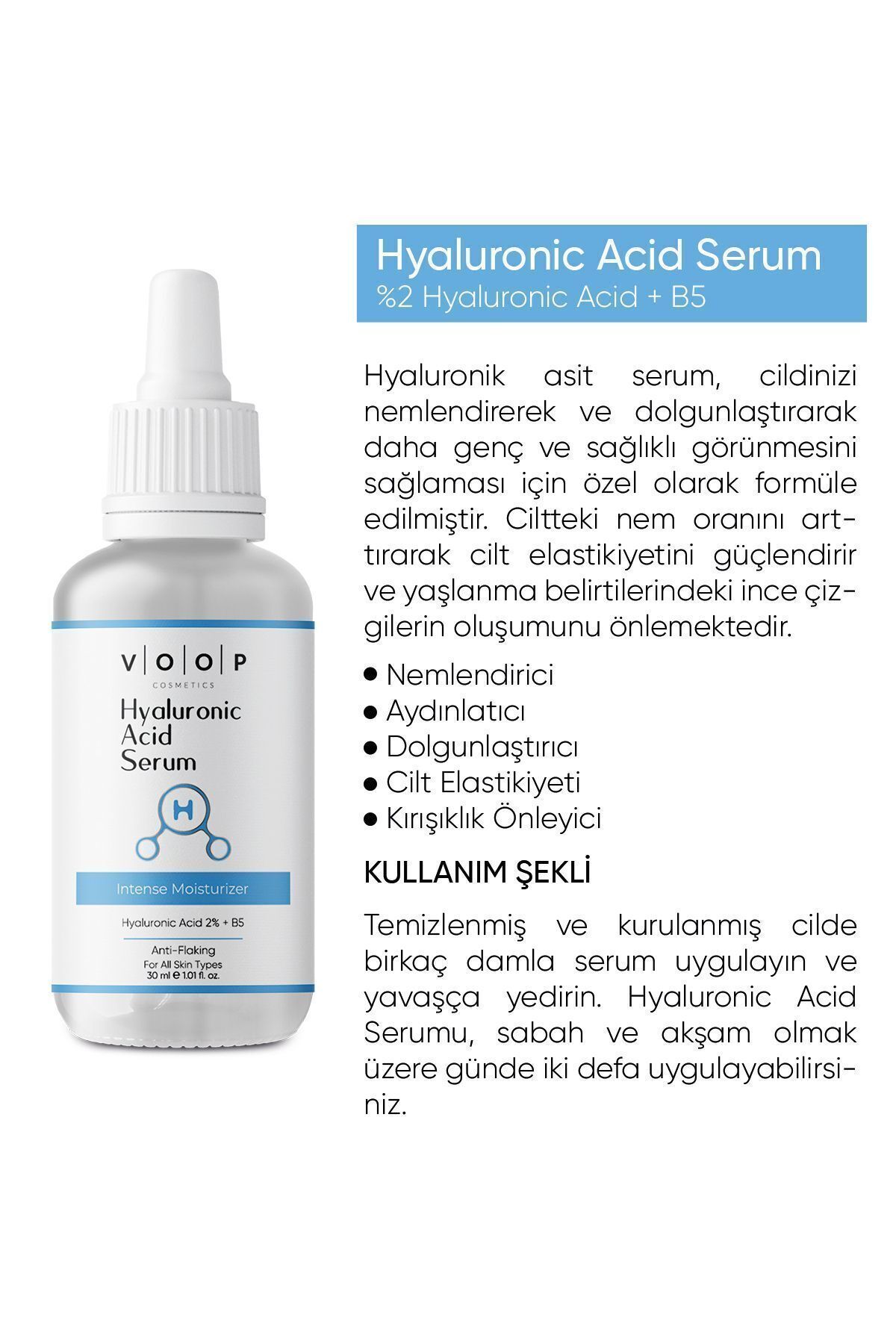 Hyaluronik Asit Serum - 30 ml | Yoğun Nemlendirici Yüz Bakım %2 Hyaluronic Acid B5