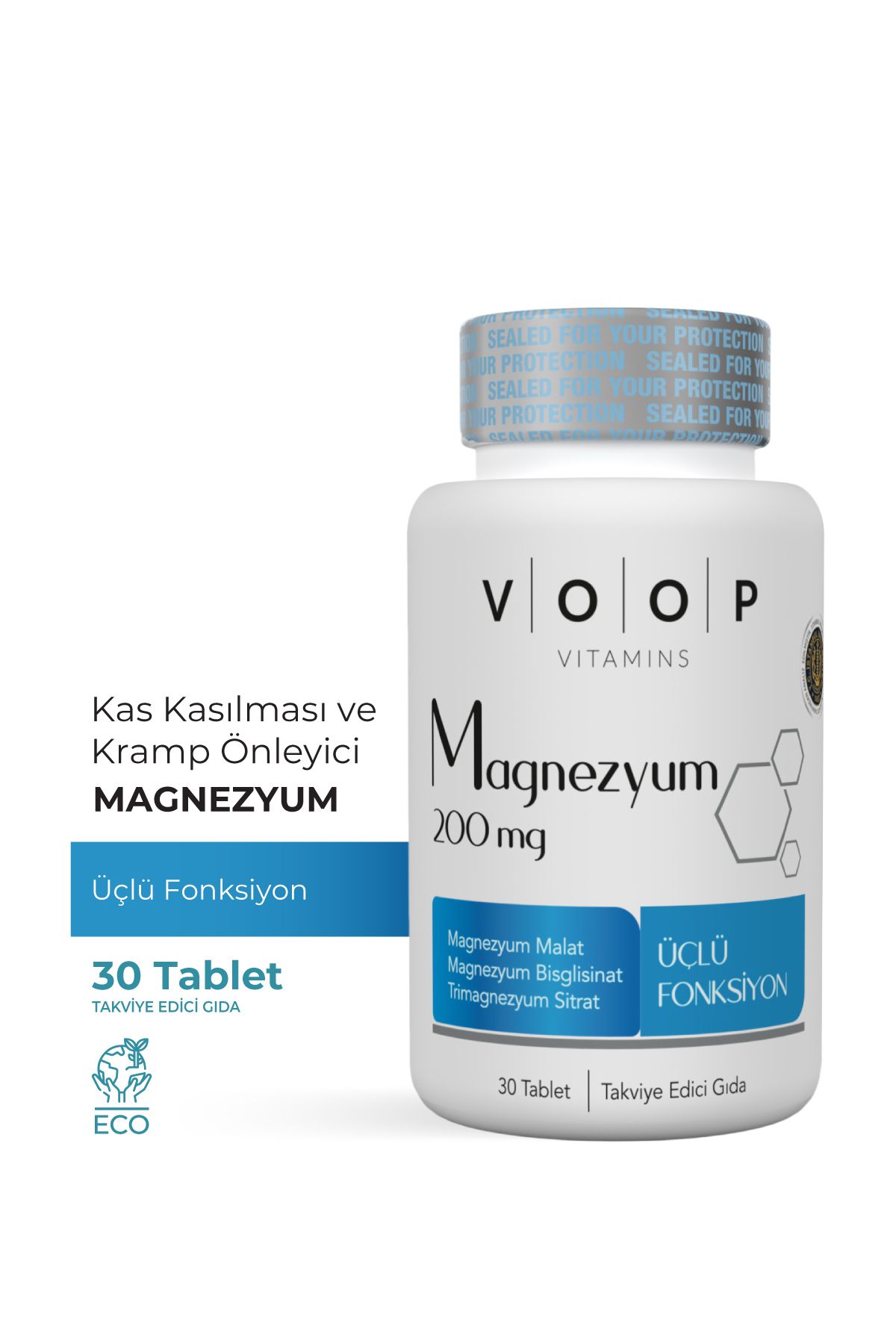 Magnezyum Malat, Sitrat Ve Bisglisinat - 200 Mg | 30 Tablet