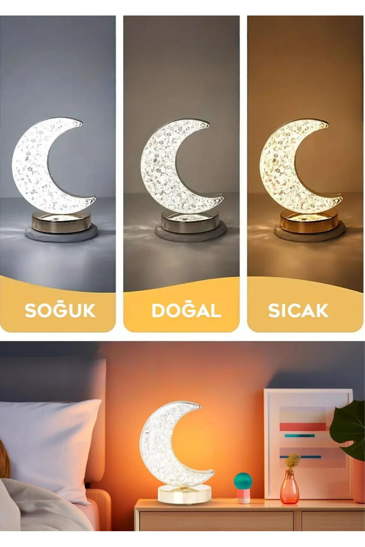 Dekoratif Ay Işığı Hilal Masa Lambası Crystal Moon USB Şarjlı 3 Modlu Ambiyans Led Gece Lambası