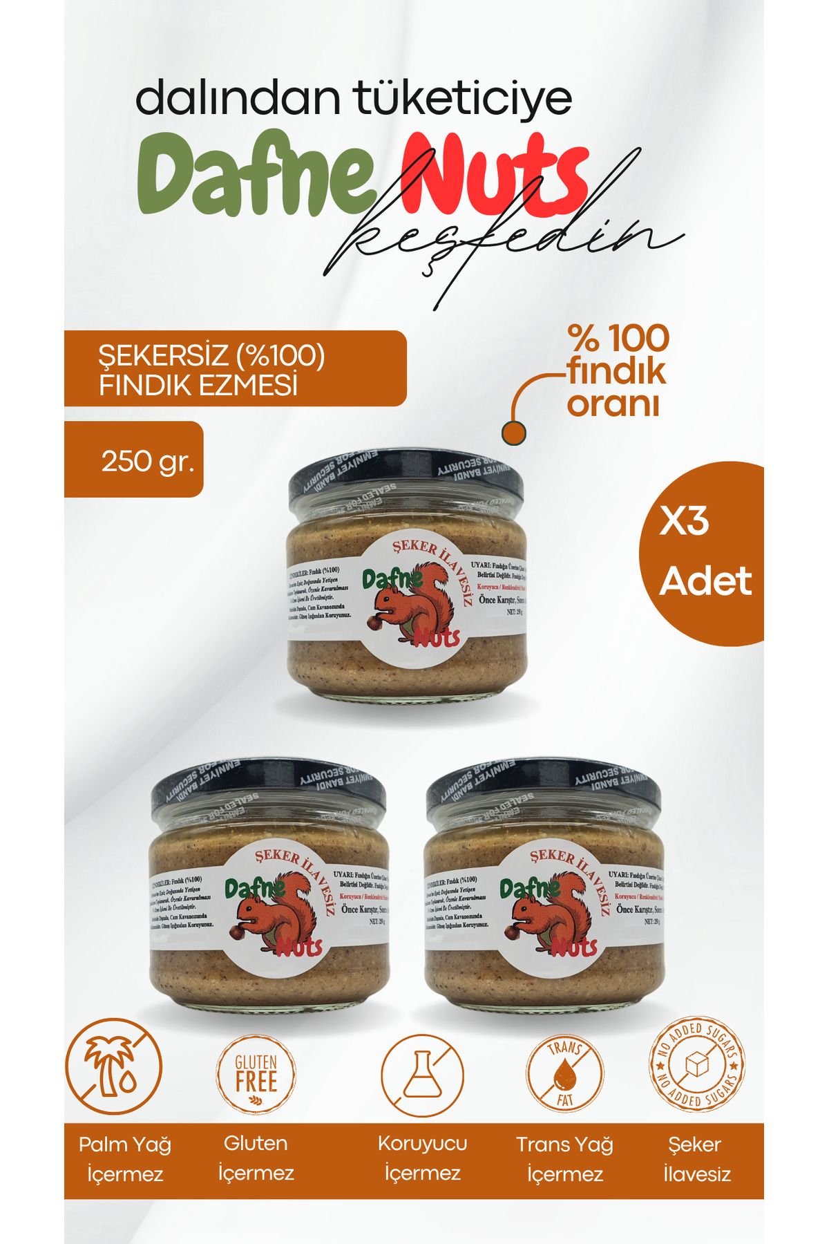 Dafne Nut ŞEKERSİZ (%100)FINDIK EZMESİ 250 GR...