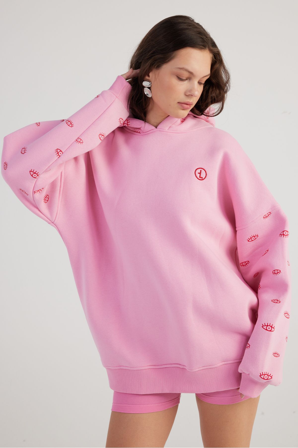 Oversize Kapüşonlu Unisex Eye Sweatshirt Pembe