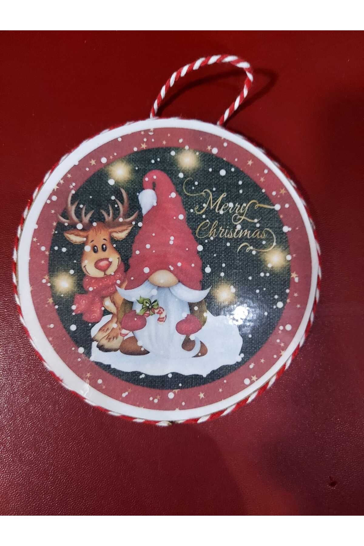 Ahşap Üzerine Baskı 10cm Çap Dörtlü Noel Duvar Süsü Set