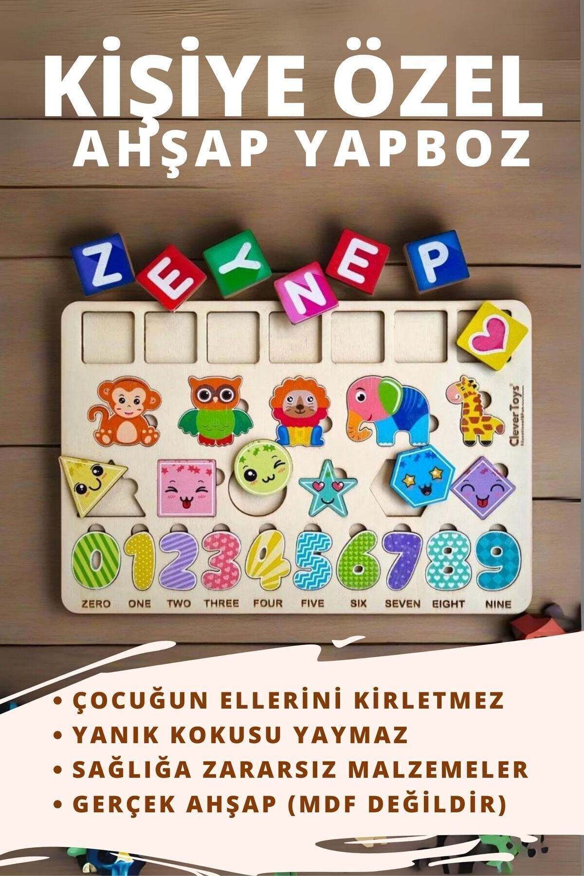 Eğitici Ahşap Kişiselleştirilebilir Oyuncak (HAYVANLAR, SAYILAR VE GEOMETRİK ŞEKİLLER) Puzzle Yapboz