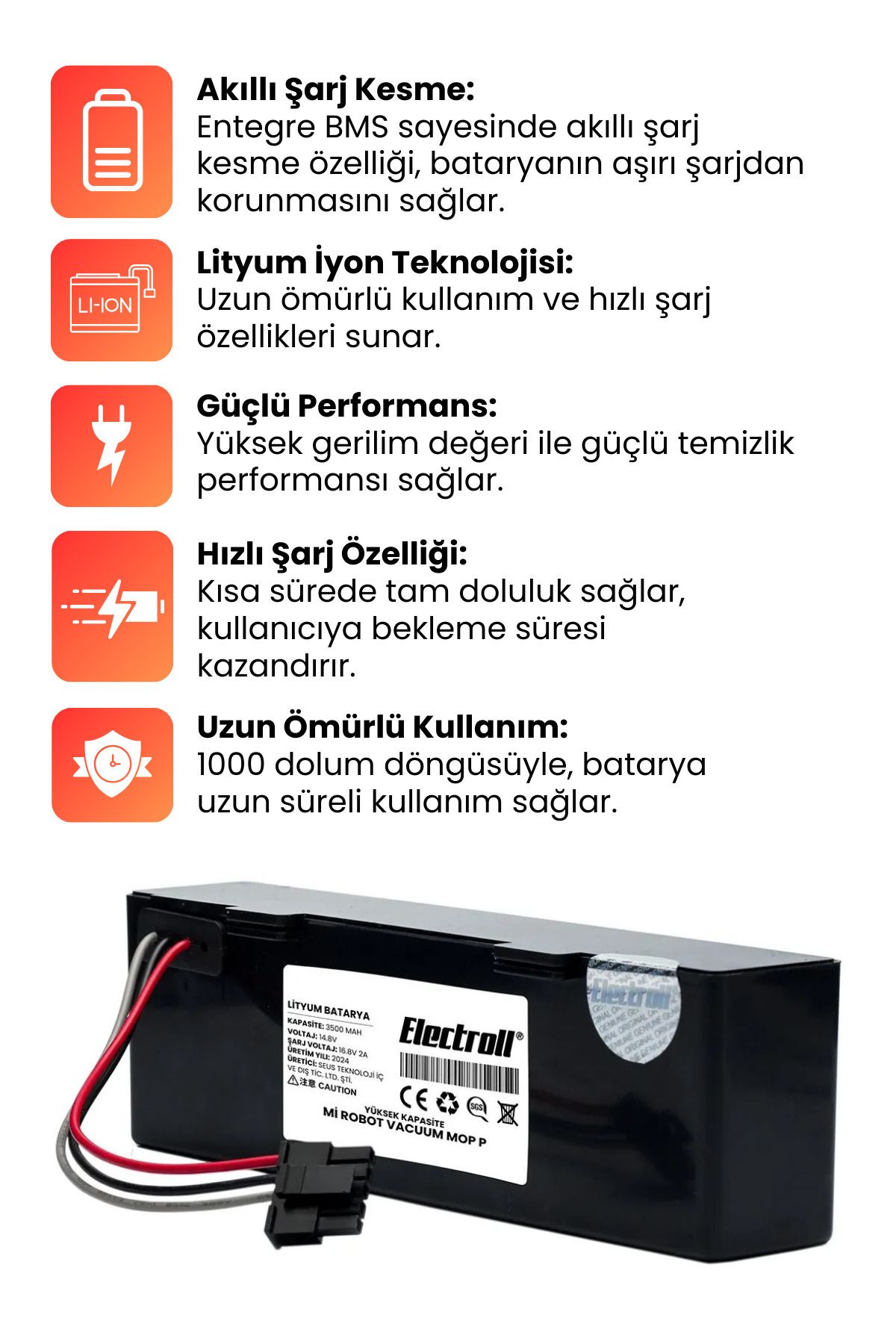 Xiaomi Mi Robot Vacuum Mop P Uyumlu Batarya (YÜKSEK KAPASİTE) 3500mah Pil Kutulu Model: Stytj02ym