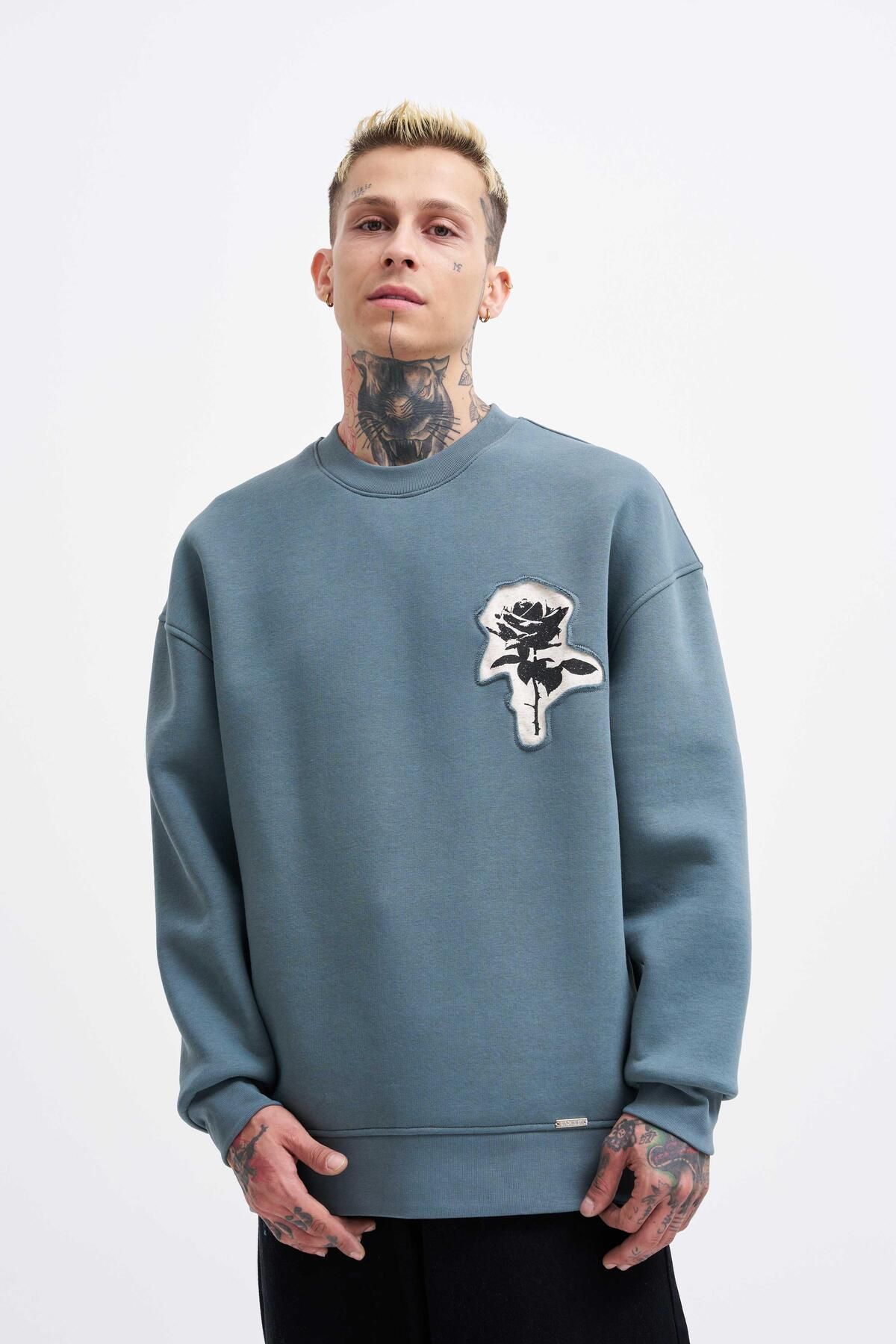 Erkek Bottom Printed Patch Sweatshirt BLUE SMOKE