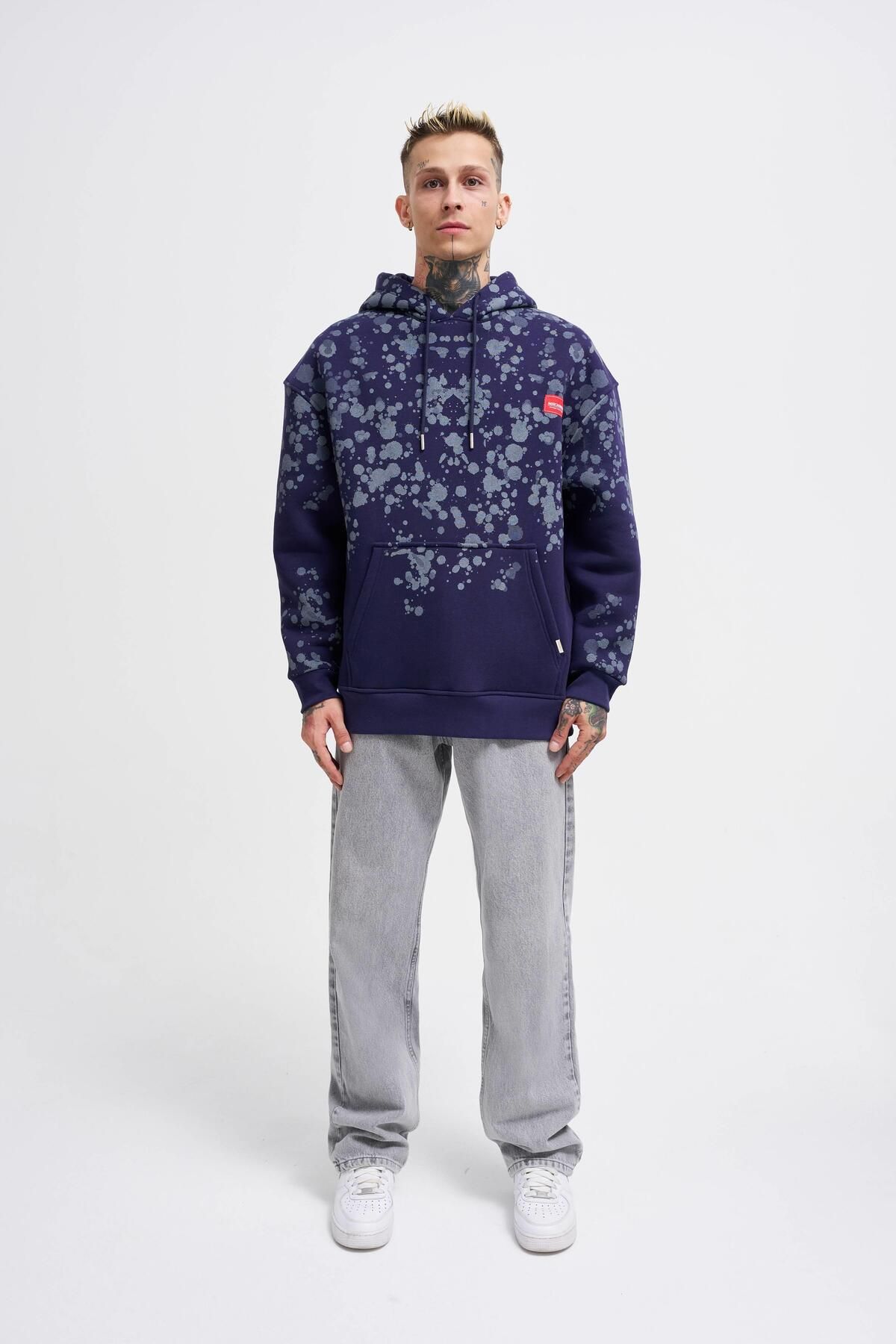 Erkek Splash Printed Lacivert Hoodie