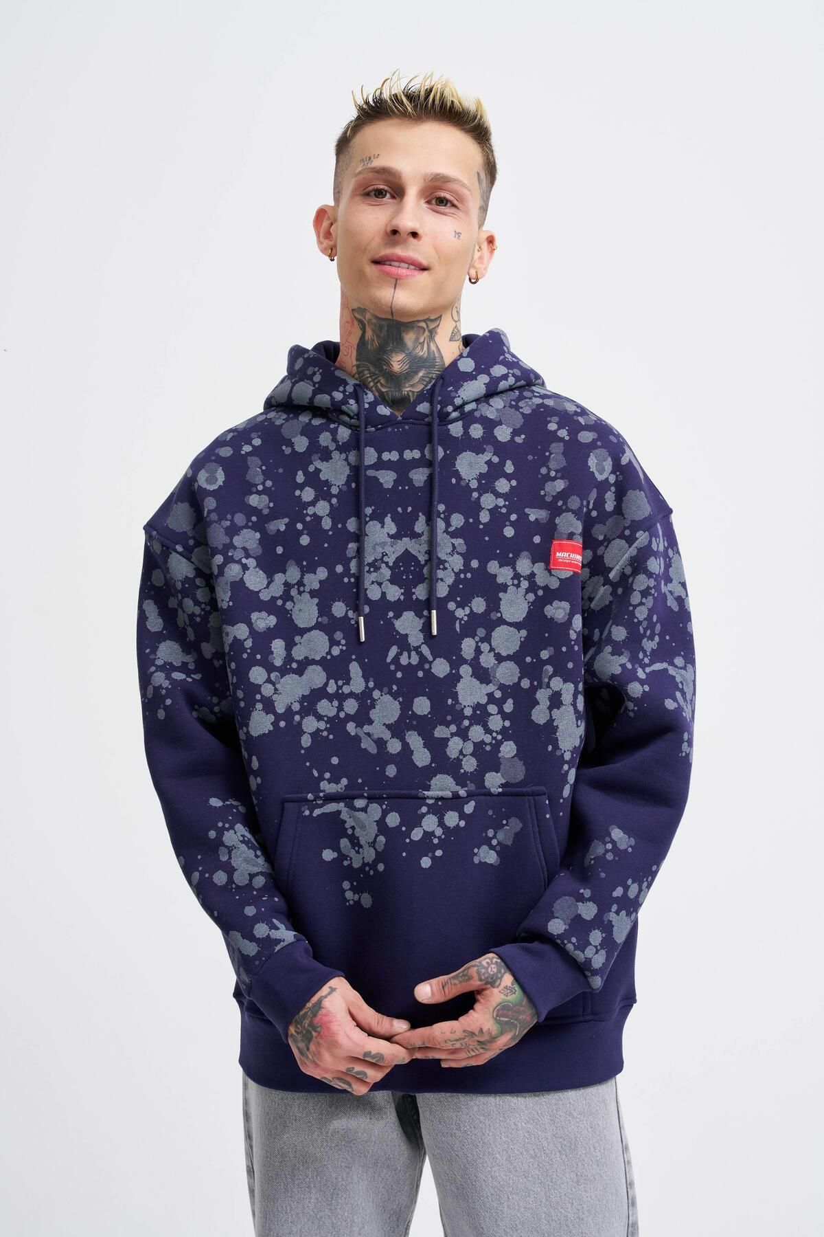 Erkek Splash Printed Lacivert Hoodie