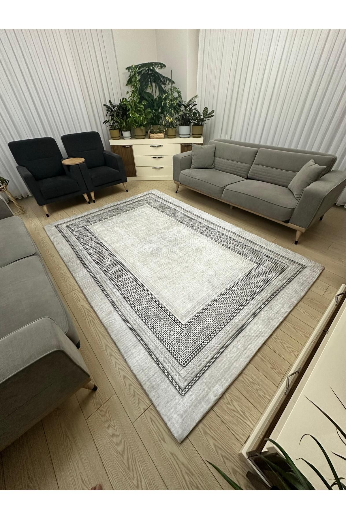 Süngersiz Halı Örtüsü - Lastikli - Yıkanabilir - Dijital Baskı - Ölçü 6m² 200x300 cm AZRA GRİ