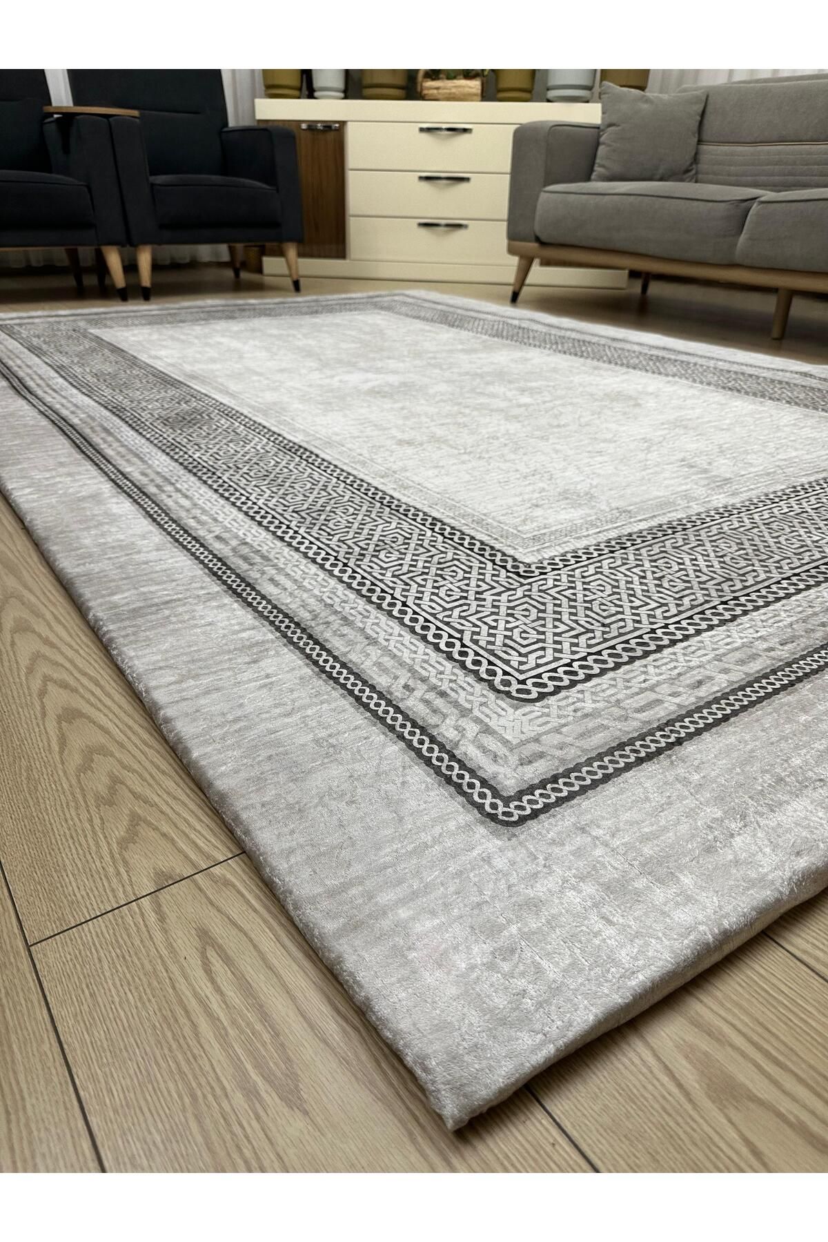 Süngersiz Halı Örtüsü - Lastikli - Yıkanabilir - Dijital Baskı - Ölçü 6m² 200x300 cm AZRA GRİ