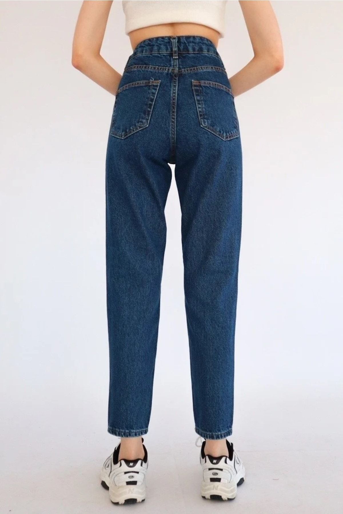 Koyu Mavi Mom Jeans Likralı Yüksek Bel Mavi Kar Yıkamalı Mom Kot Pantolon