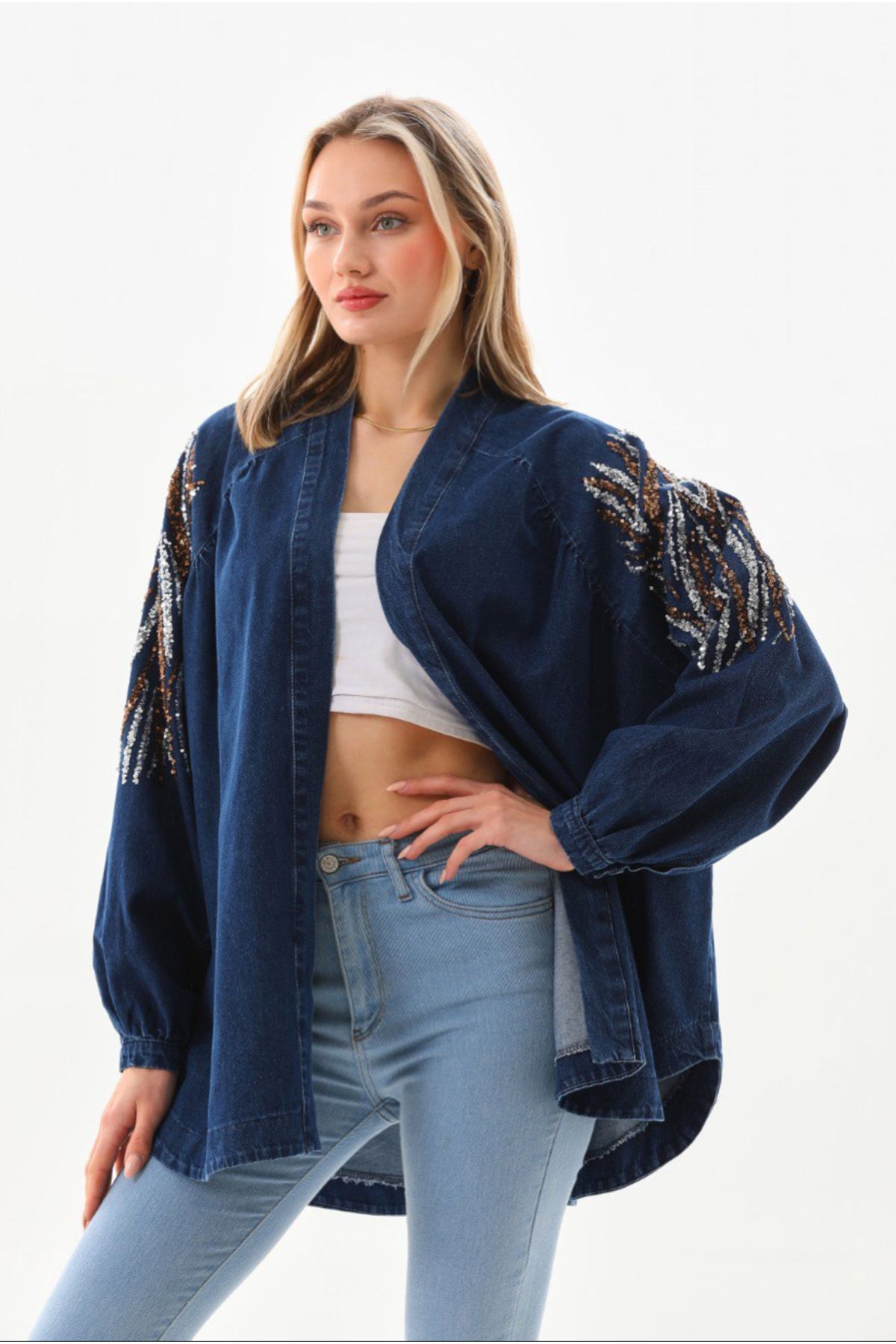 Dadali Nakışlı Denim Kimono