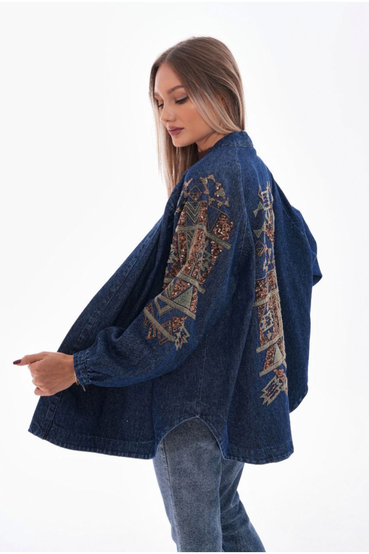 Dadali Nakışlı Denim Kimono