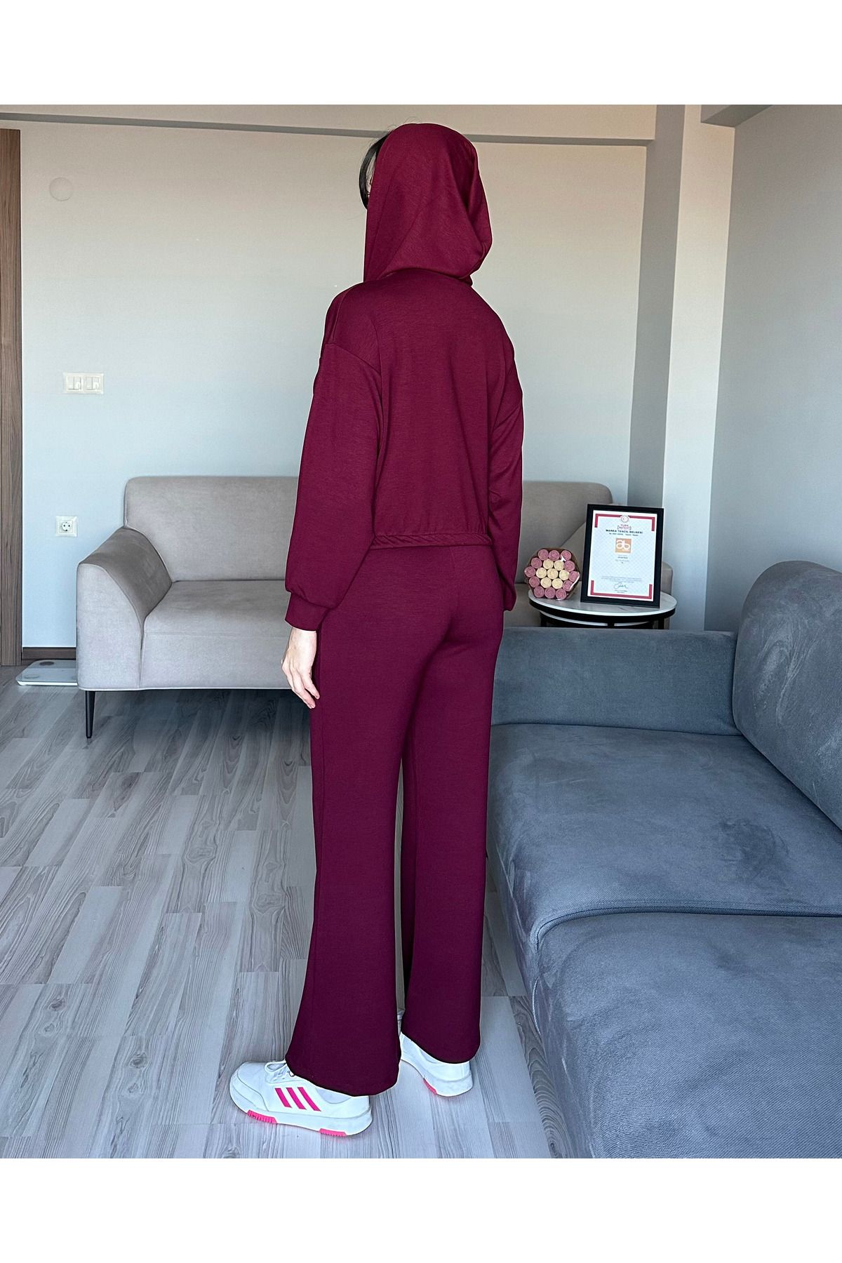 Kadın Oys Premium Pamuklu Modal Kumaş Kapüşonlu Sweatshirt ve Pantolon Alt Üst Takım Lüx İkili Takım