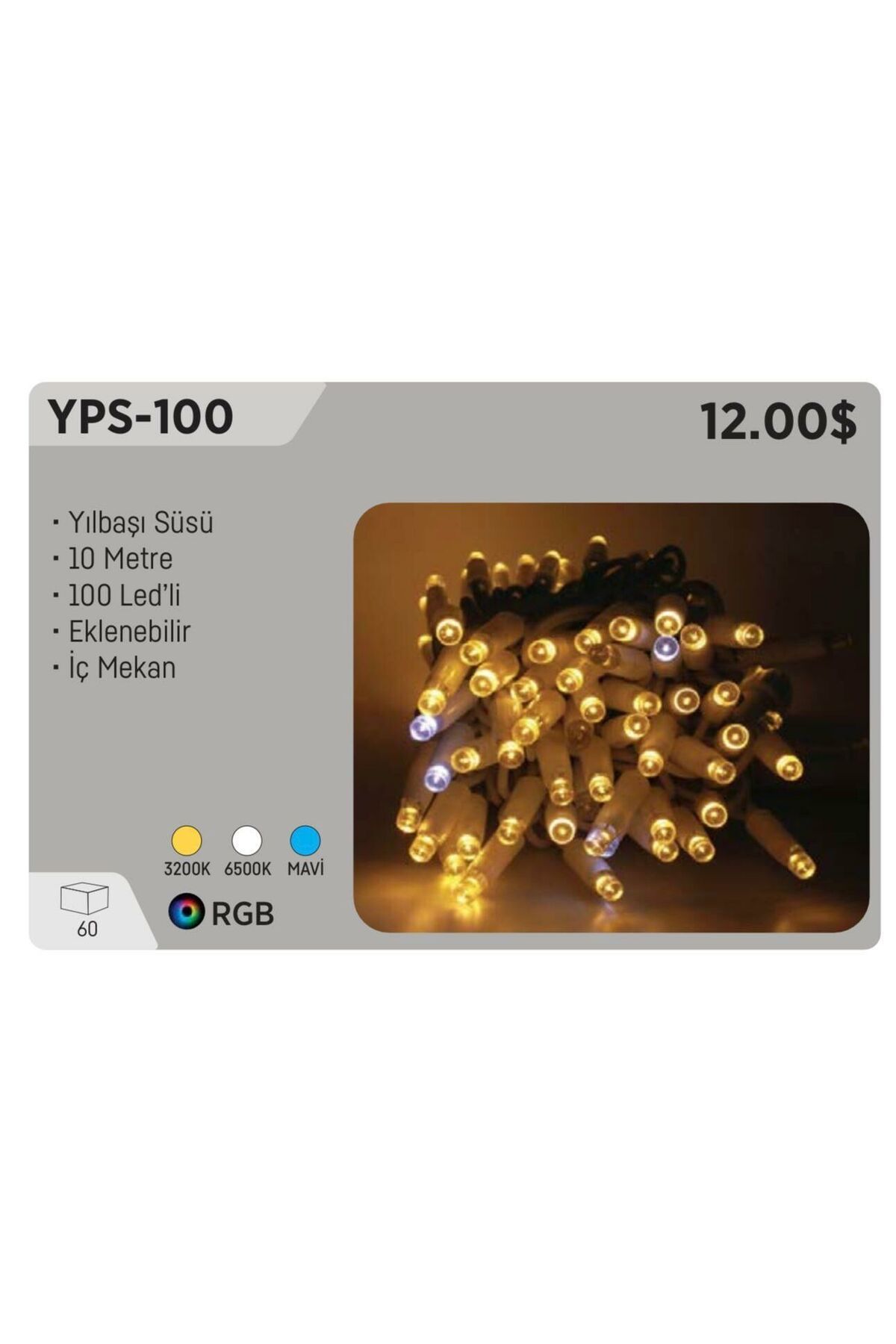 YPS-100 RGB YILBAŞI SÜSÜ 10 MT 100 LEDLİ  220 VOLT EKLENEBİLİR İÇ MEKAN