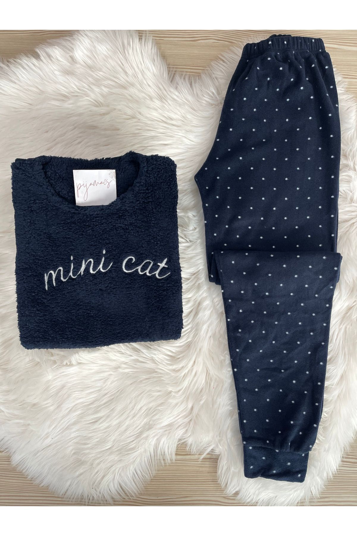 Pijamacs Lacivert Mini CatDesenli Ön Peluş De...