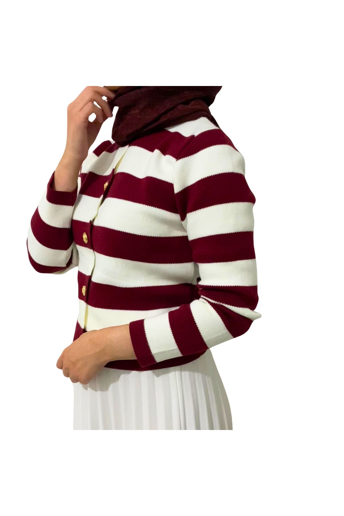 Kadın Bordo Çizgili Kısa Hırka - Women's Burgundy Striped Crop Cardigan