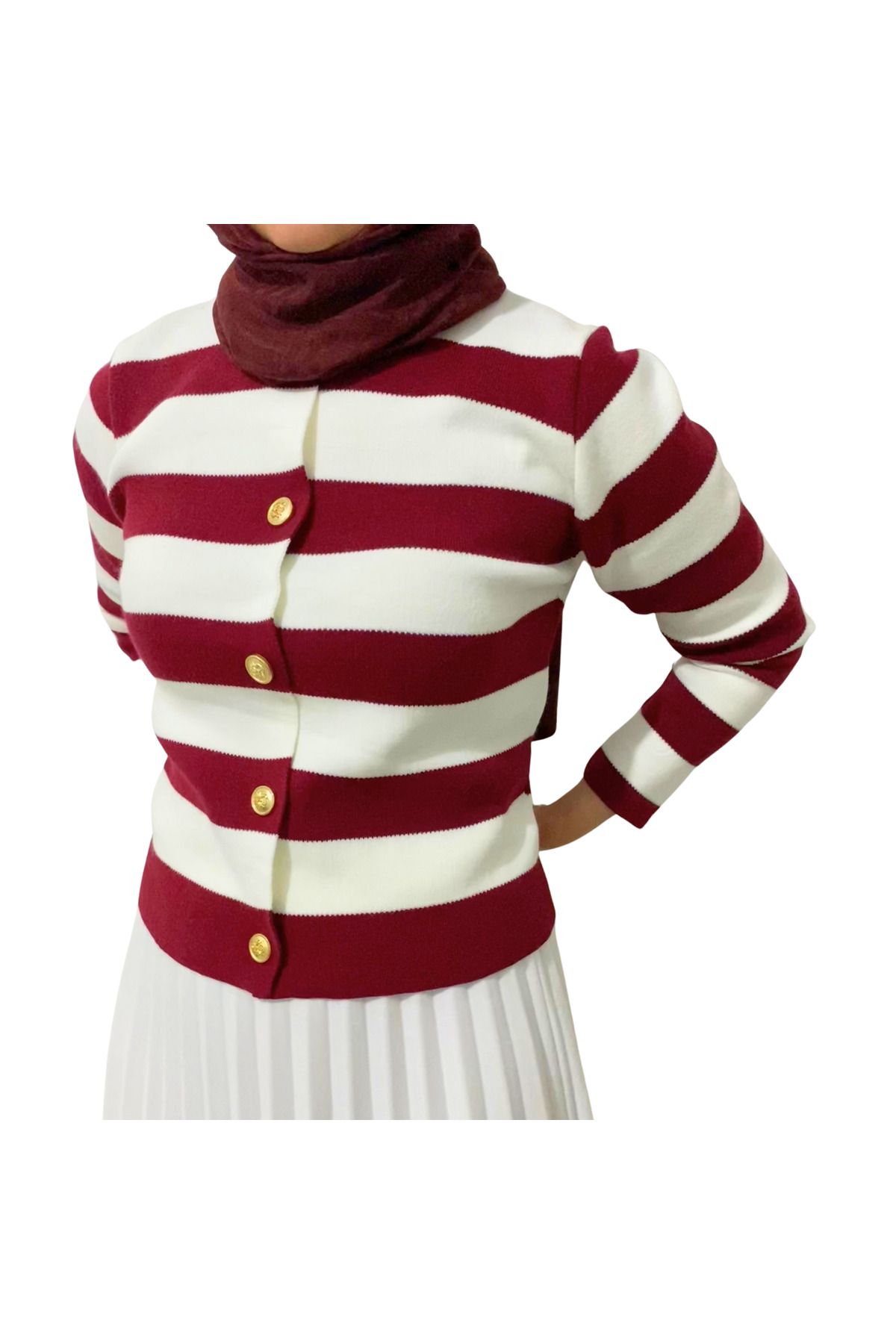 Kadın Bordo Çizgili Kısa Hırka - Women's Burgundy Striped Crop Cardigan