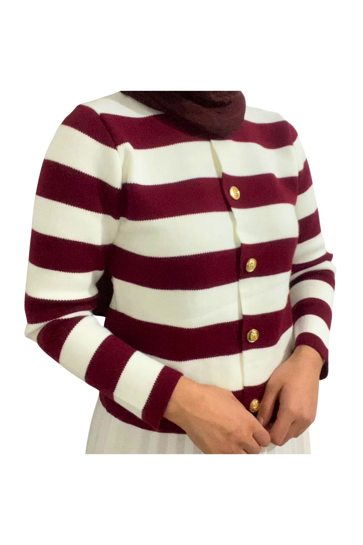 Kadın Bordo Çizgili Kısa Hırka - Women's Burgundy Striped Crop Cardigan