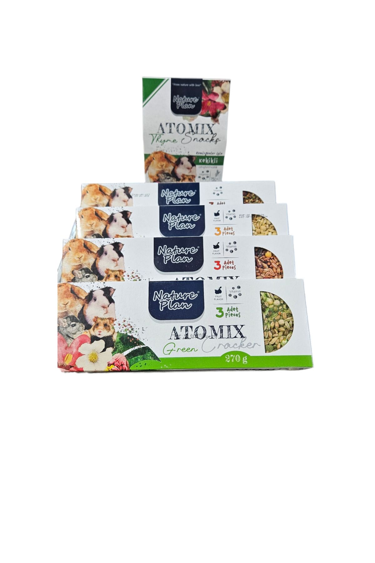 Atomix 5li set Kemirken doyurucu ödül krakeri 3lu ve kekikli pelet yem ( hamster , ginepig, Tavşan)