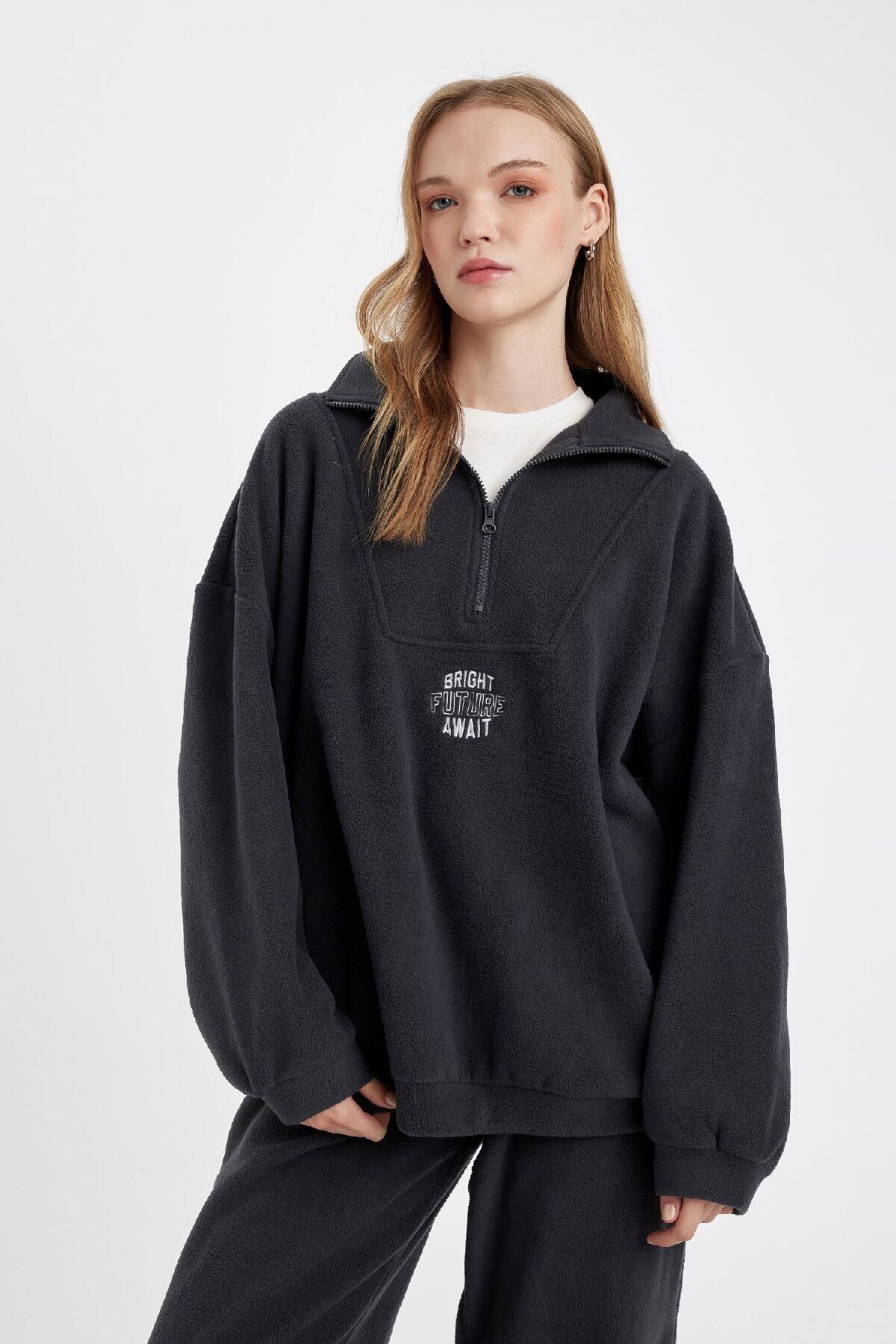 Oversize Geniş Kalıp Fermuarlı Dik Yaka Nakışlı Polar Sweatshirt Y2649az24wn