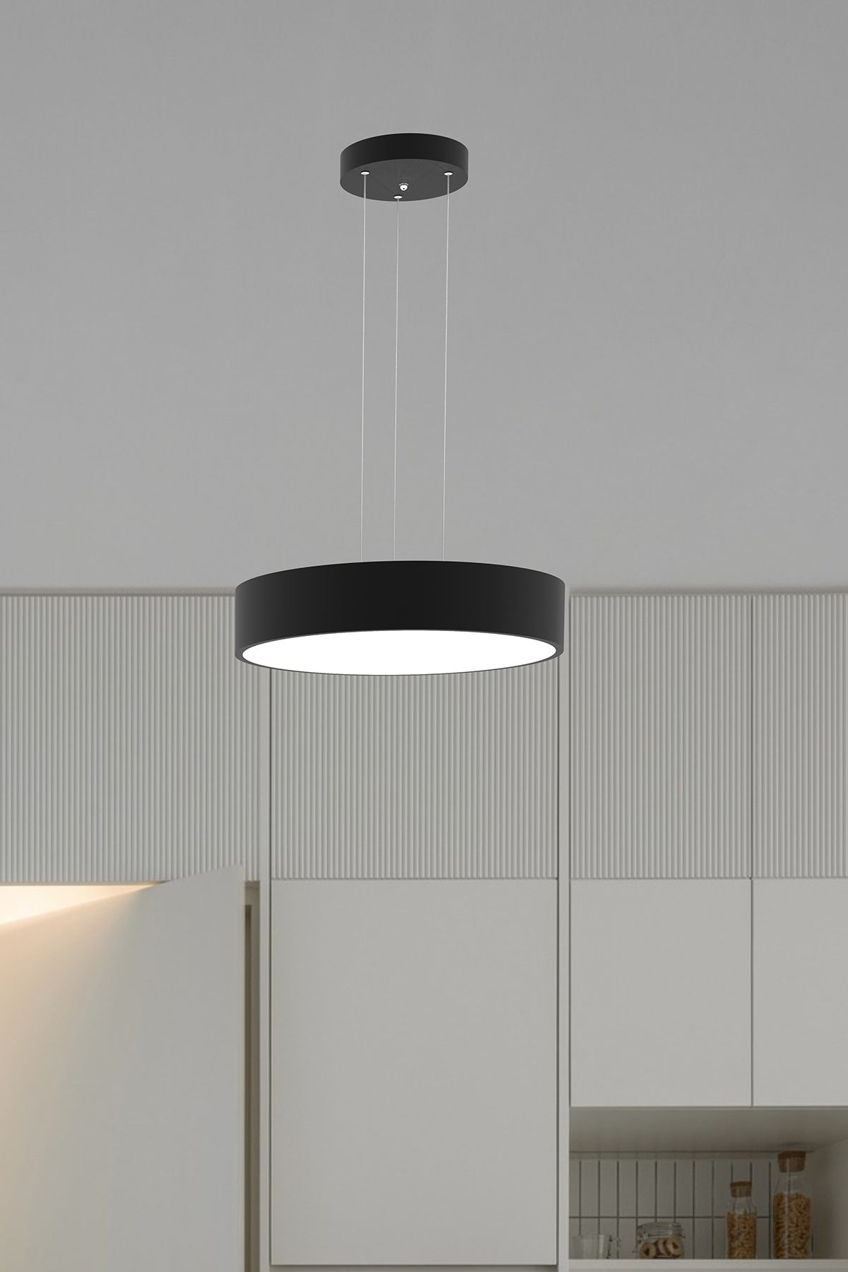 Drum 40cm ( Siyah Kasa, Doğal Beyaz Işık ) Modern Sarkıt Led Avize, Salon, Mutfak, Oturma Odası