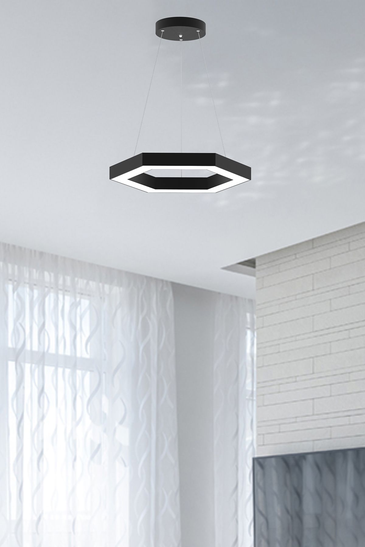 Hexagon ( Siyah Kasa, Beyaz Işık ) Ledli Modern Led Avize, Salon, Mutfak, Oturma Yatak Odası, Sarkıt