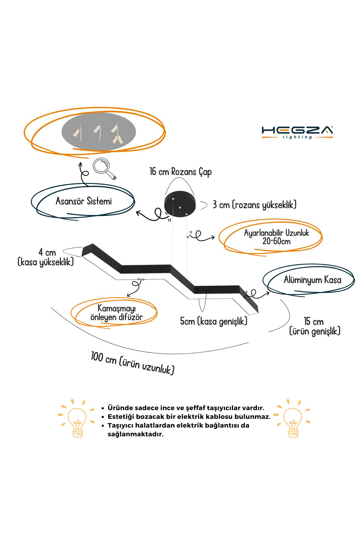 Sega ( Siyah Kasa, Doğal Beyaz Işık ) Modern Led Avize, Salon, Mutfak, Antre, Hol, Masa, Sarkıt